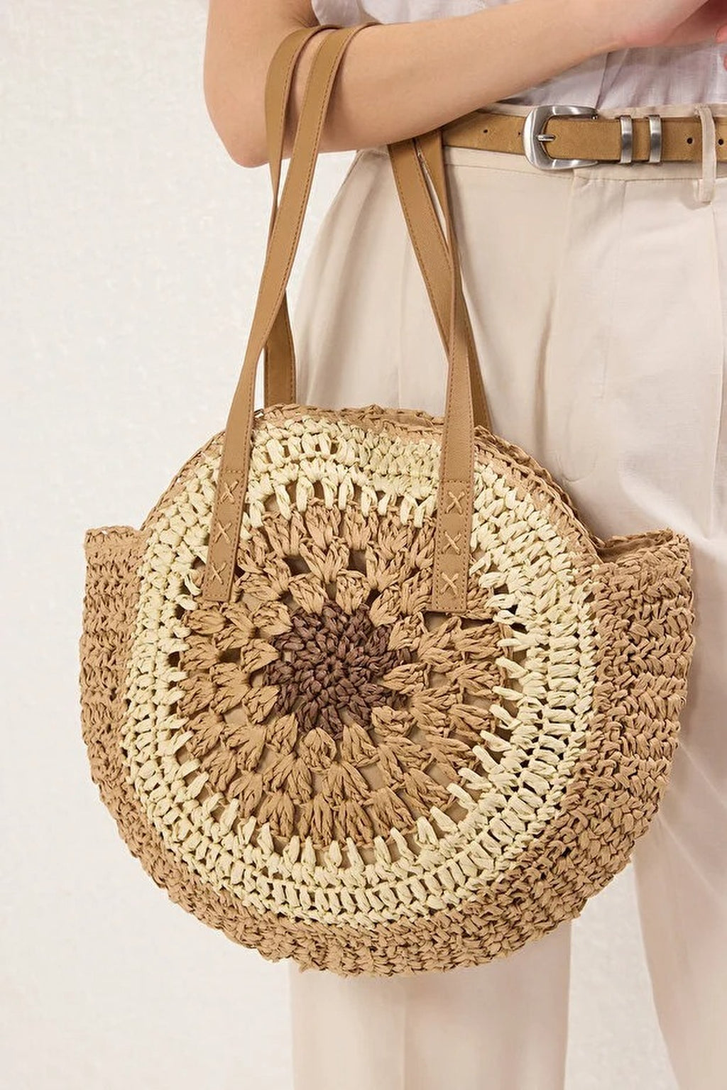 Color Block Hand-Knitted Woven Straw Women's Medium Size Round Shoulder Bag