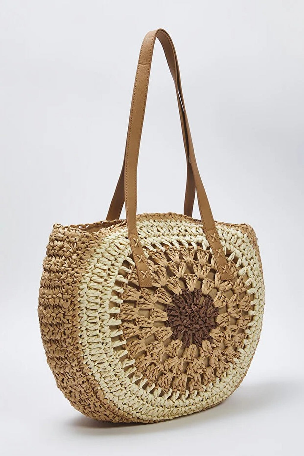 Color Block Hand-Knitted Woven Straw Women's Medium Size Round Shoulder Bag