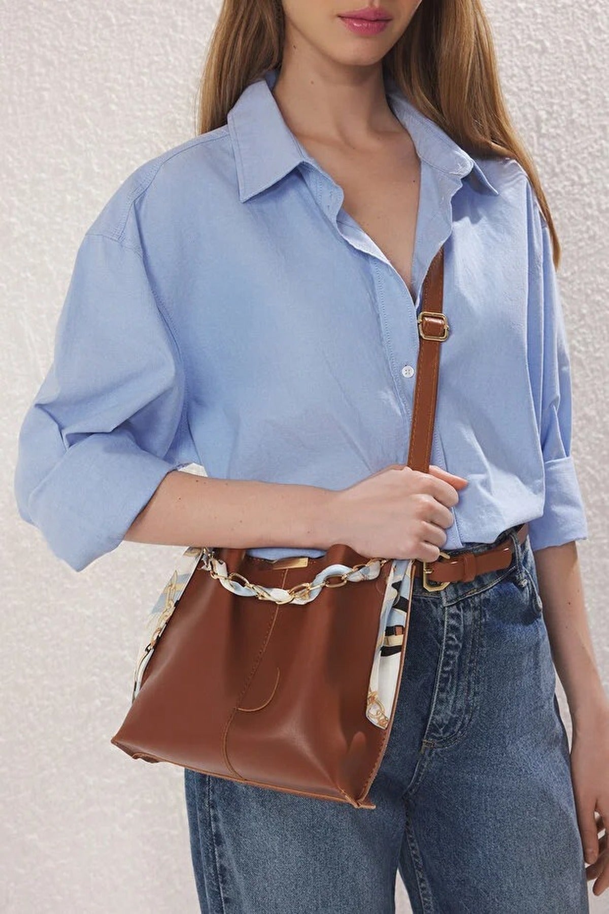 Women's Crossbody Shoulder Bag with Chain Scarf Detail