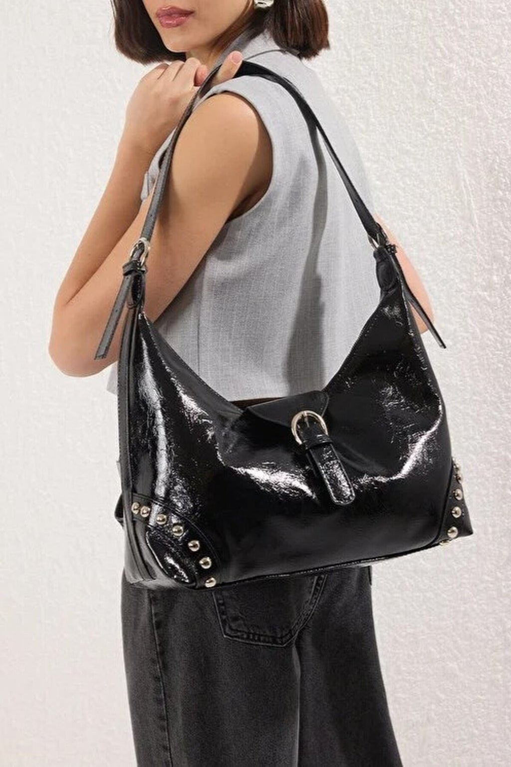 Trok Stone Embellished Belt Buckle Oval Women's Shoulder Bag