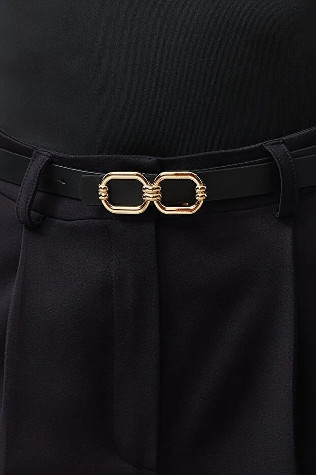 Thin Faux Leather Belt with Gold Buckle Detail
