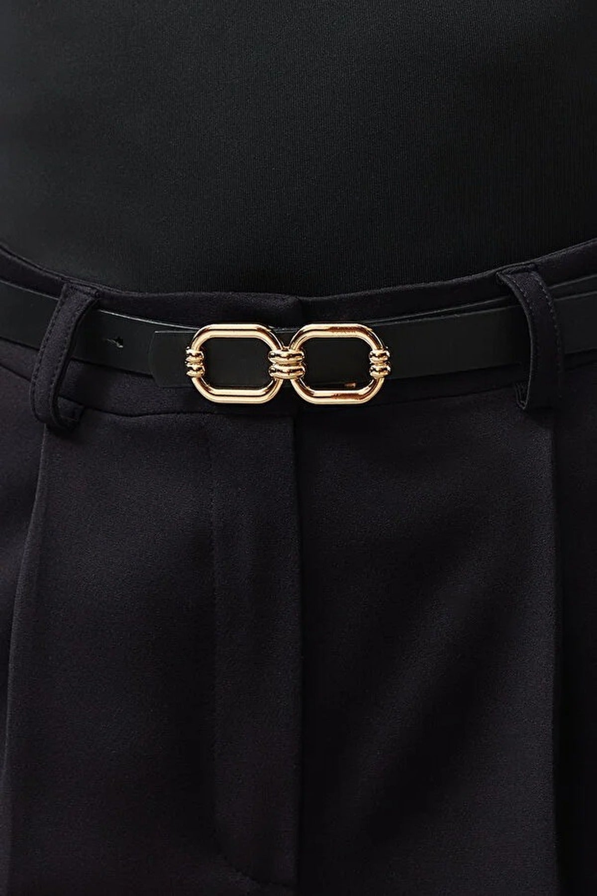 Thin Faux Leather Belt with Gold Buckle Detail