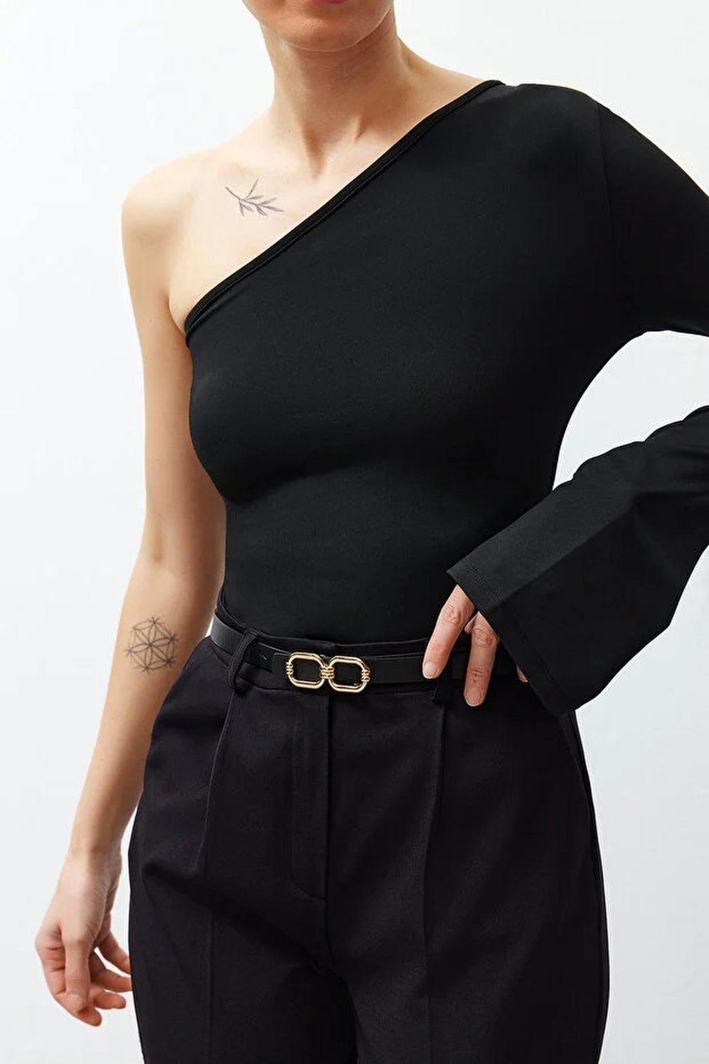 Thin Faux Leather Belt with Gold Buckle Detail