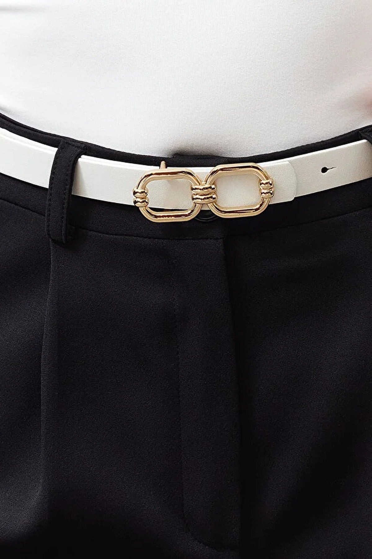 Thin Faux Leather Belt with Gold Buckle Detail