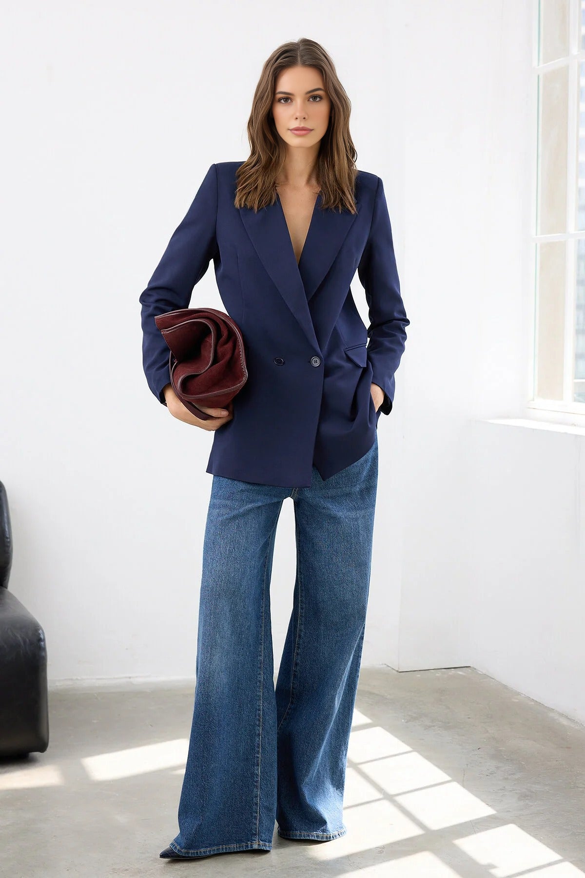 Lined Double-Breasted Woven Blazer Jacket