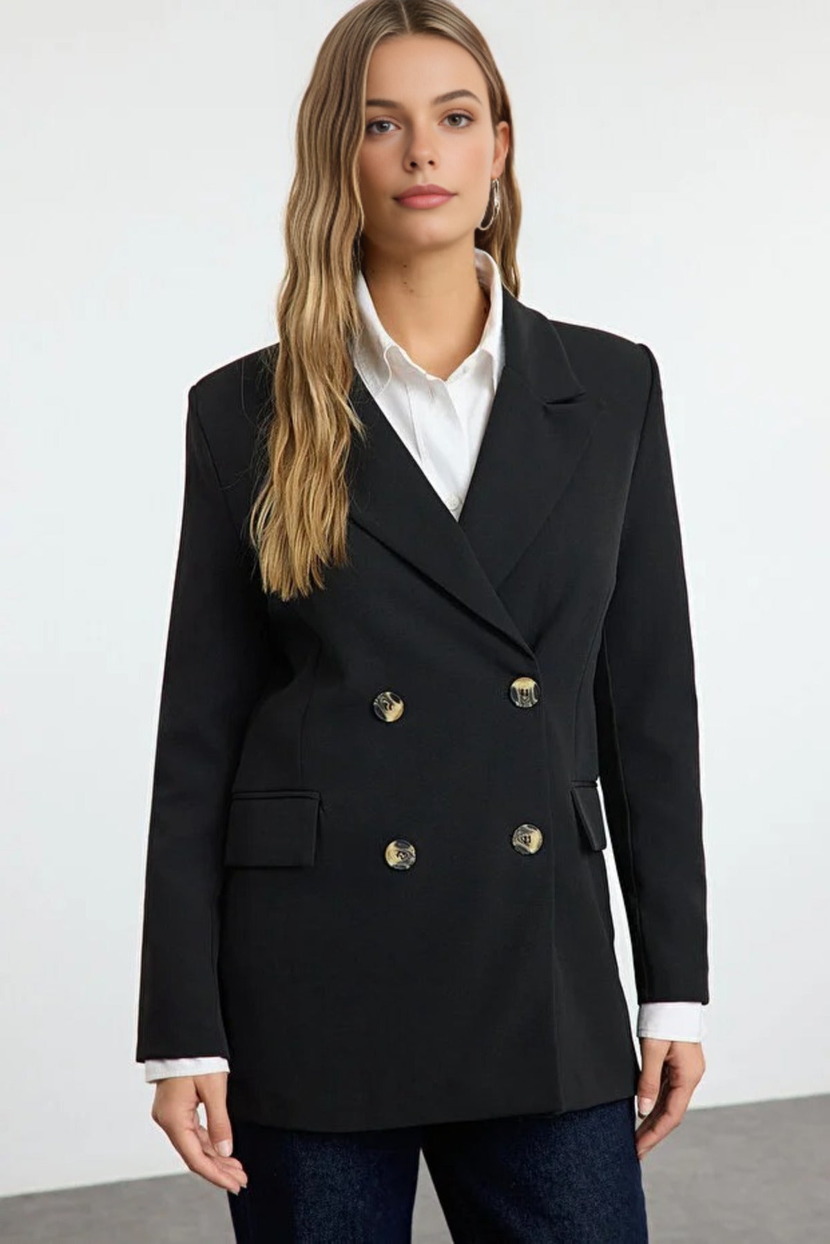 Oversize Lined Double-Breasted Woven Blazer Jacket