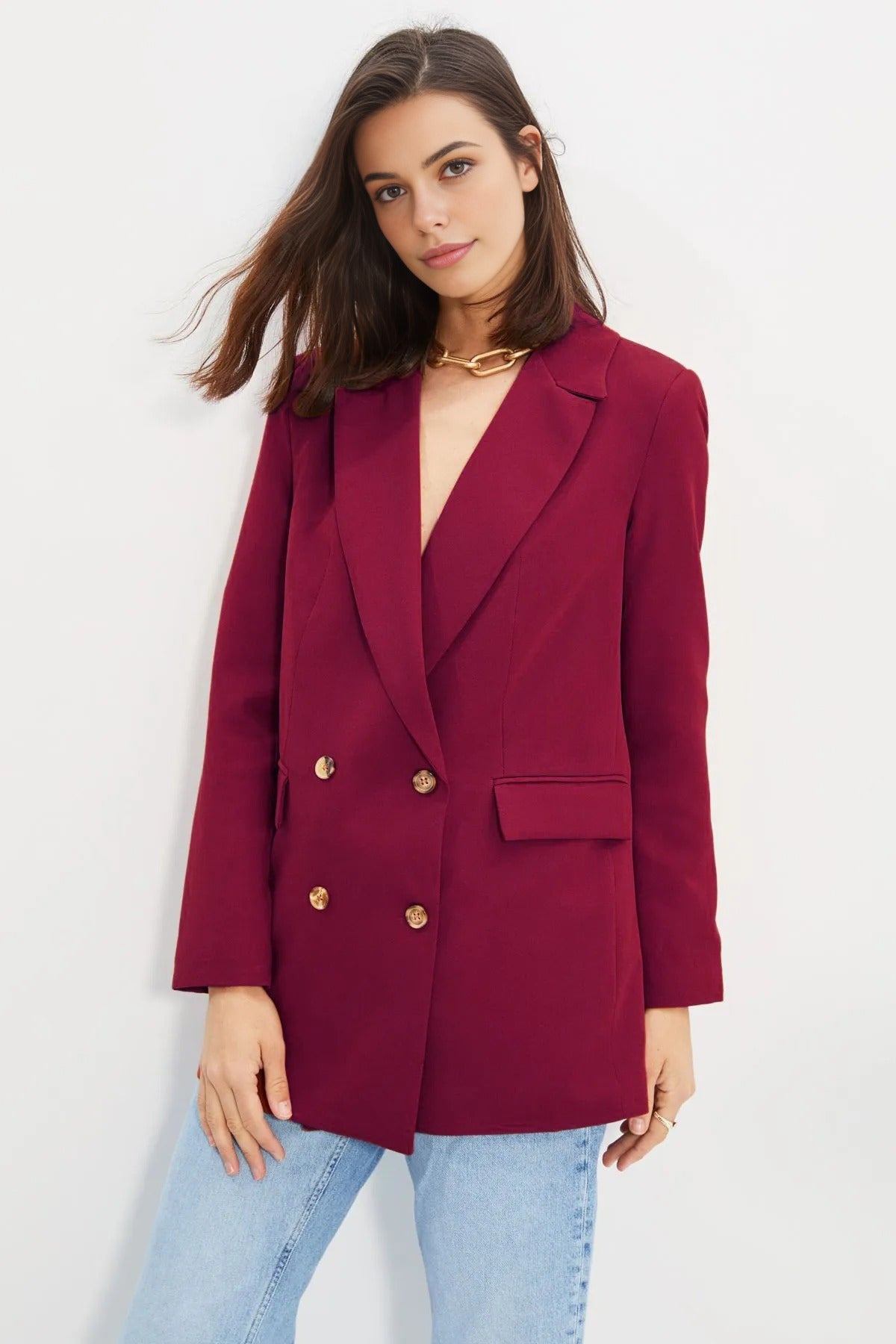 Oversize Lined Buttoned Woven Blazer Jacket