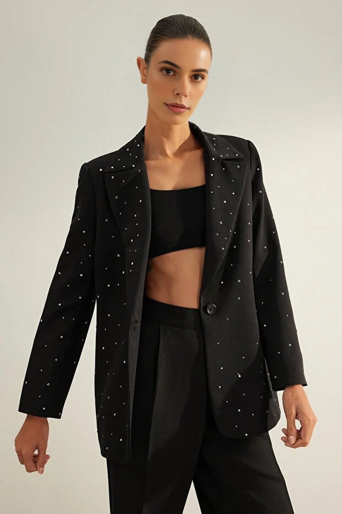 Woven Lined Blazer Jacket with Stone Detail