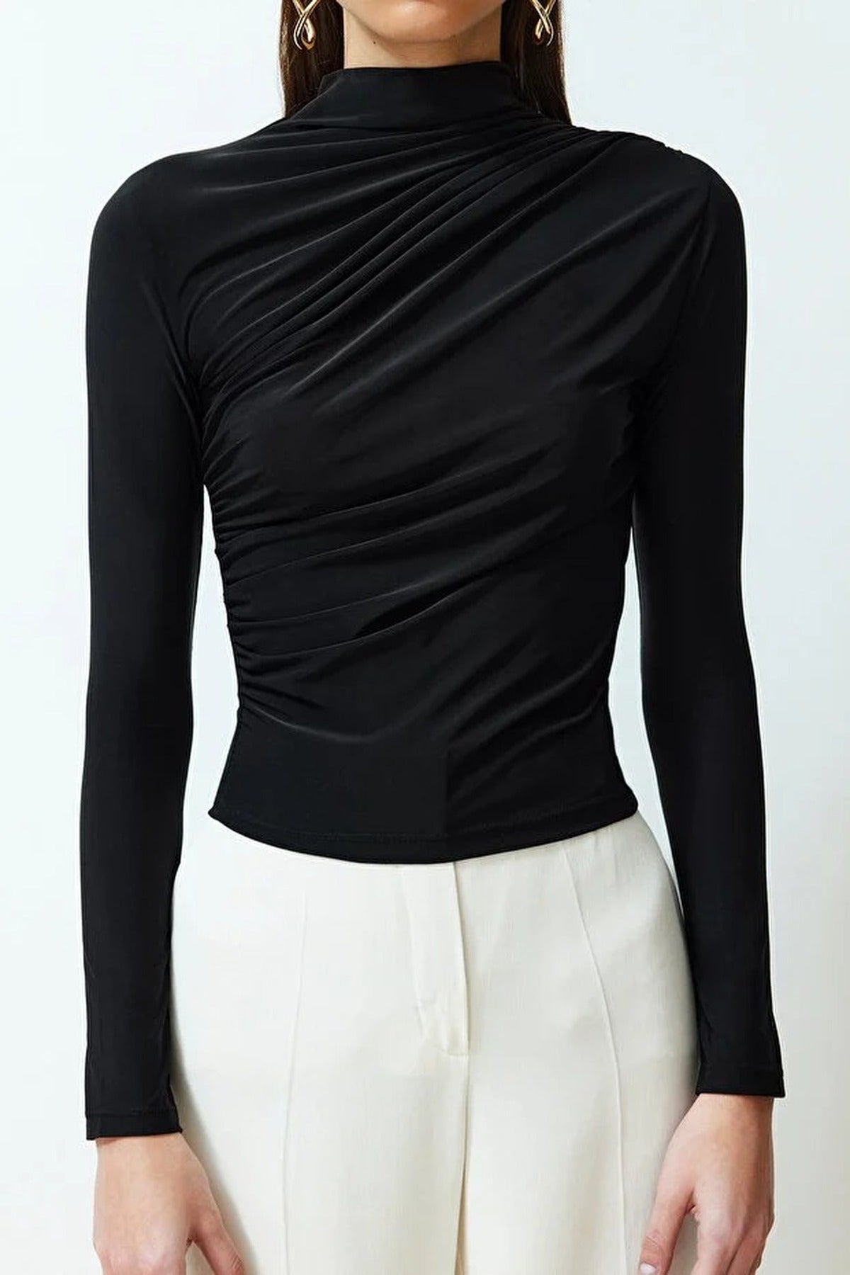 Draped High Neck Long Sleeve Blouse