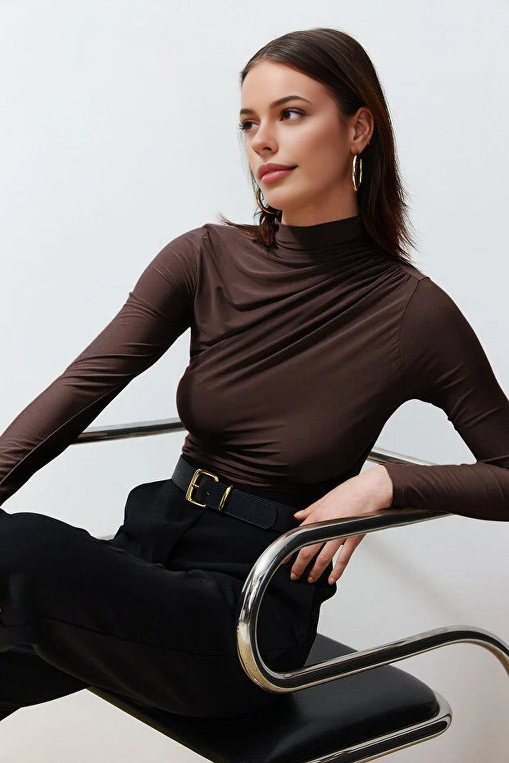Draped High Neck Long Sleeve Blouse