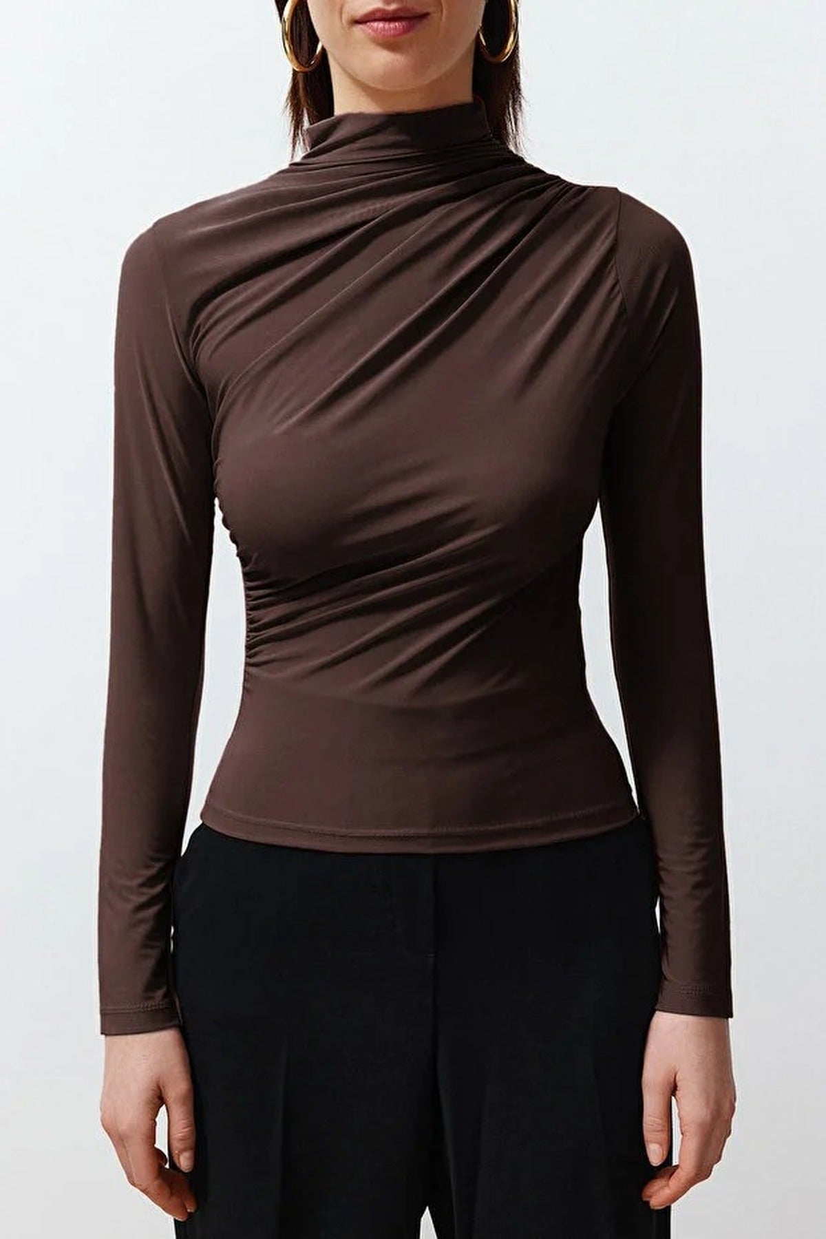Draped High Neck Long Sleeve Blouse