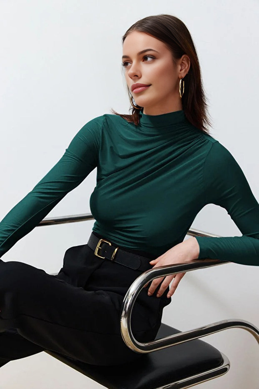 Draped High Neck Long Sleeve Blouse