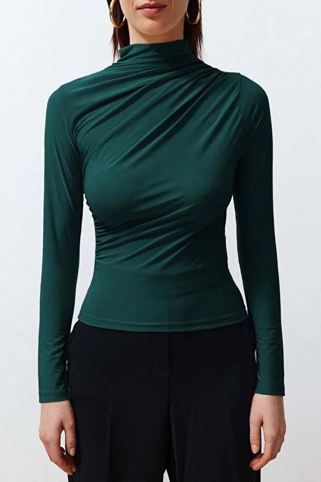 Draped High Neck Long Sleeve Blouse