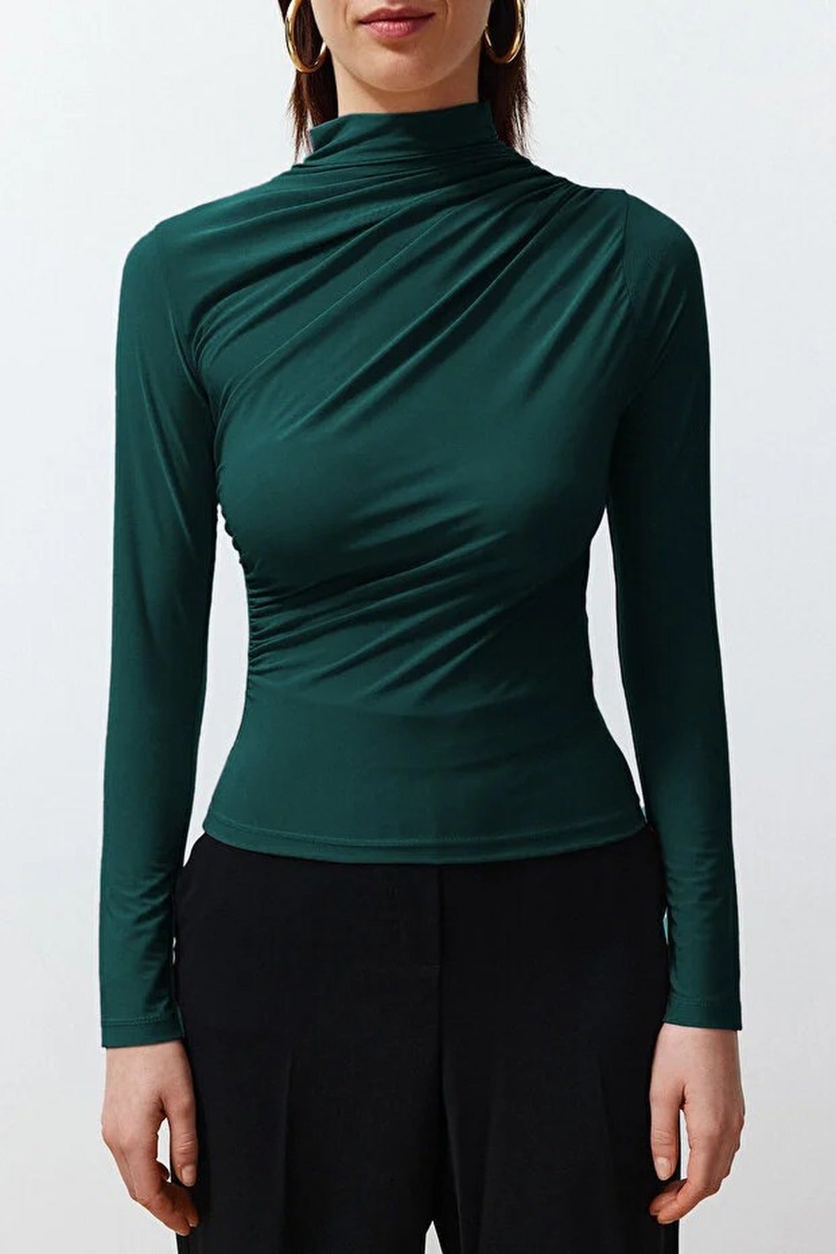 Draped High Neck Long Sleeve Blouse