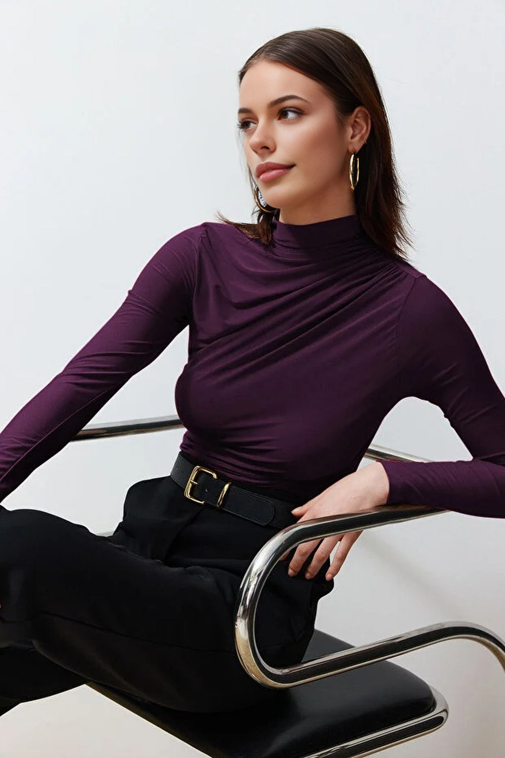 Draped High Neck Long Sleeve Blouse