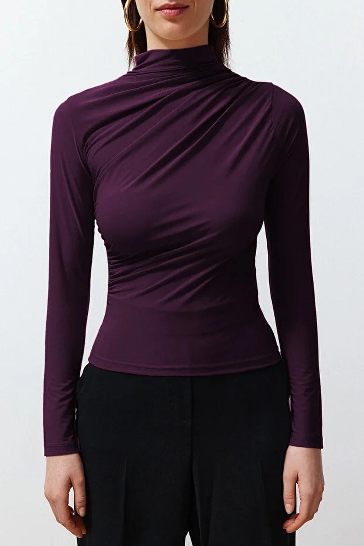 Draped High Neck Long Sleeve Blouse