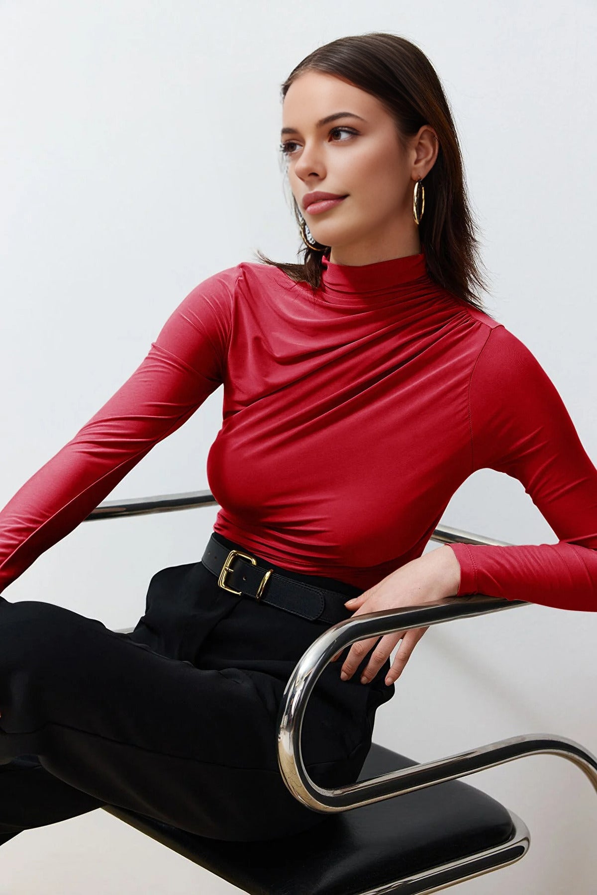 Draped High Neck Long Sleeve Blouse