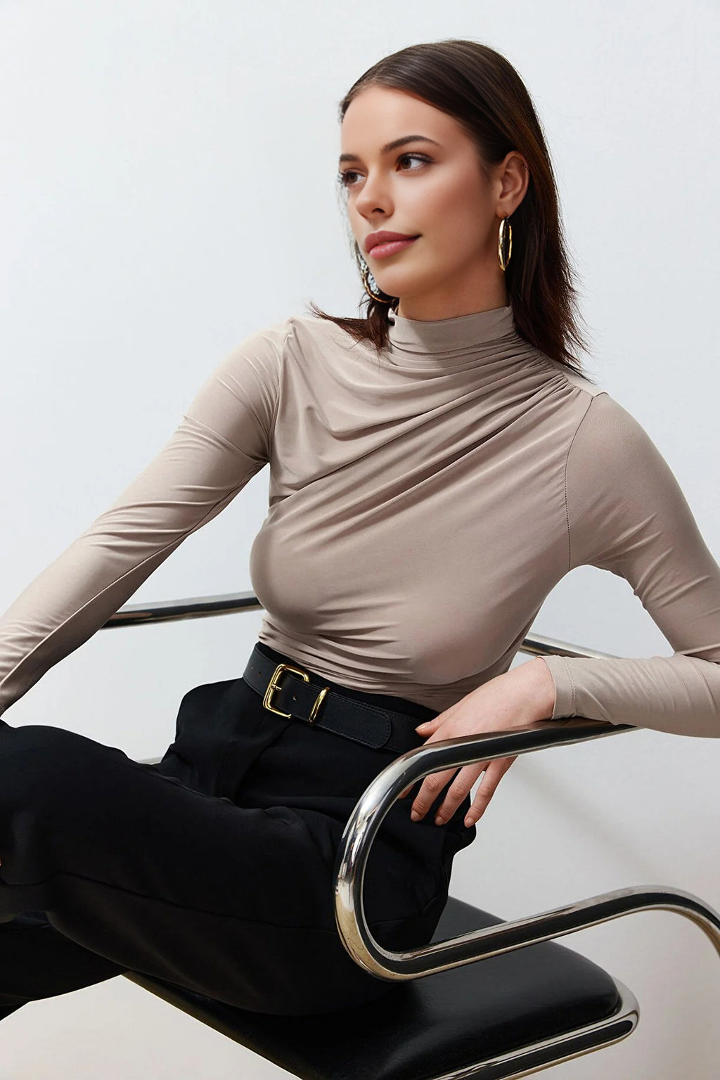 Draped High Neck Long Sleeve Blouse