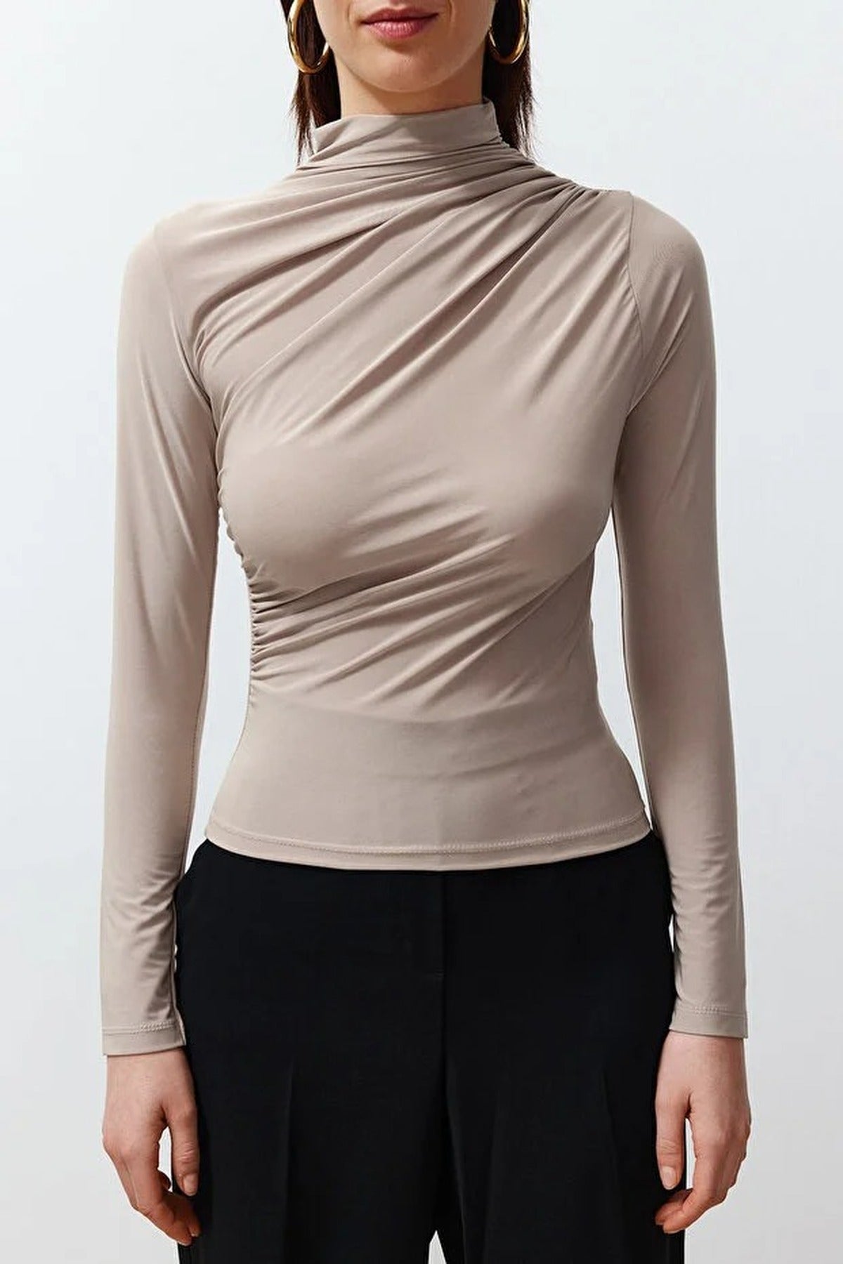Draped High Neck Long Sleeve Blouse