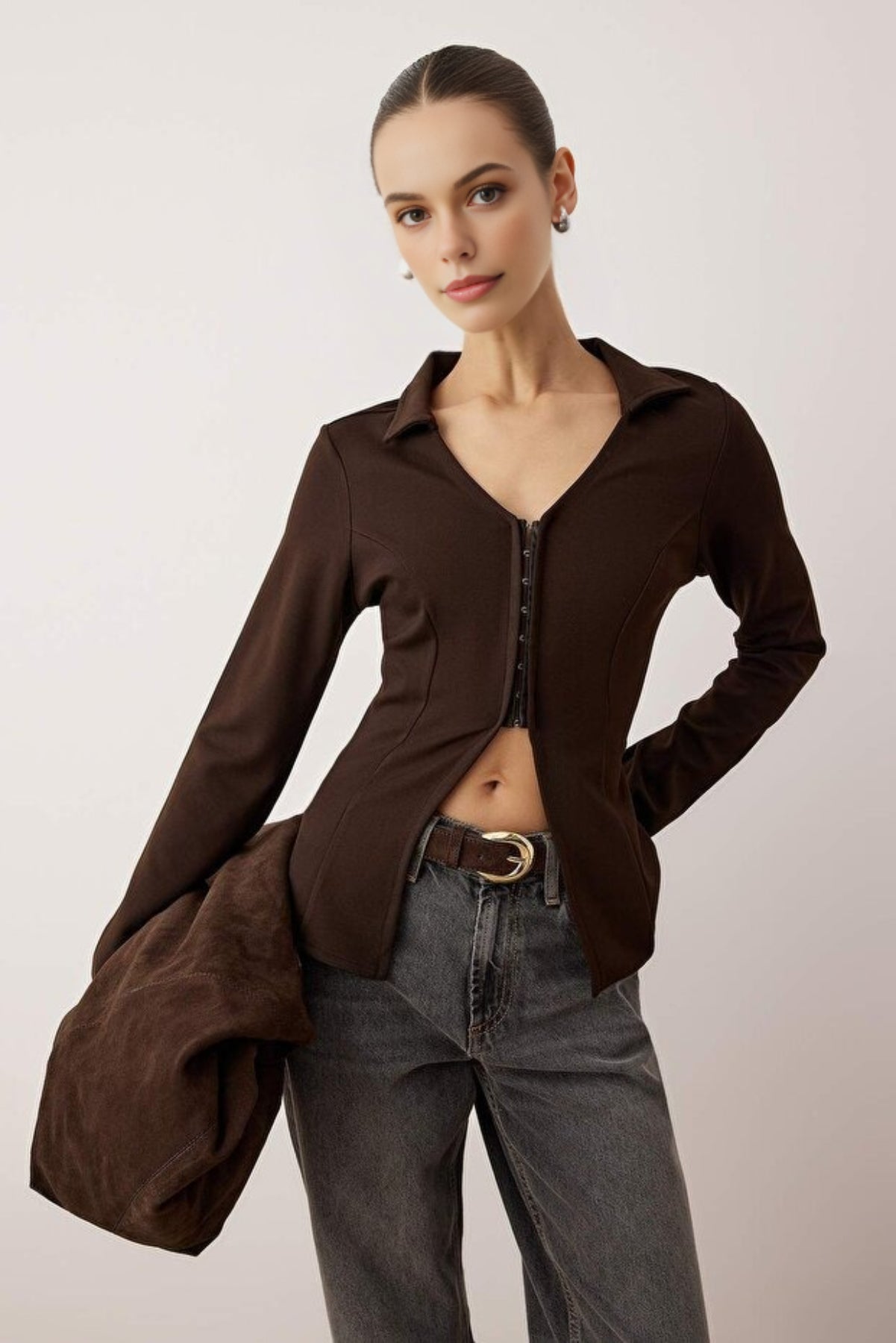 Polo Collar Hooked Fitted Knit Blouse