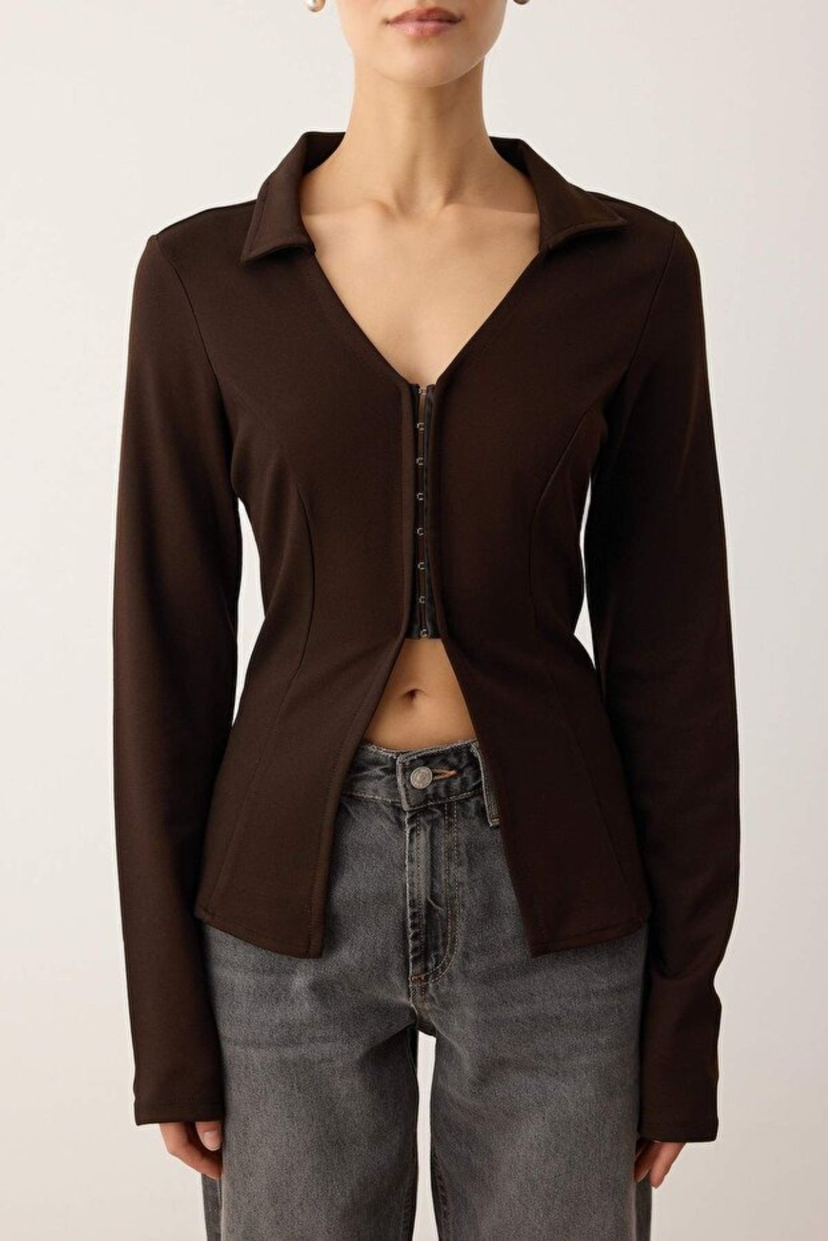 Polo Collar Hooked Fitted Knit Blouse