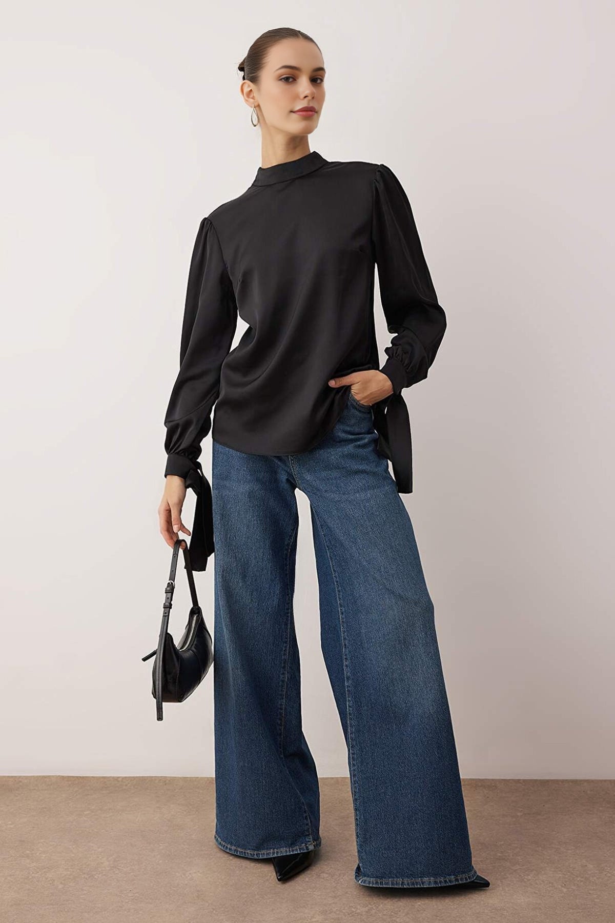 Satin Woven Blouse with Tie Detail