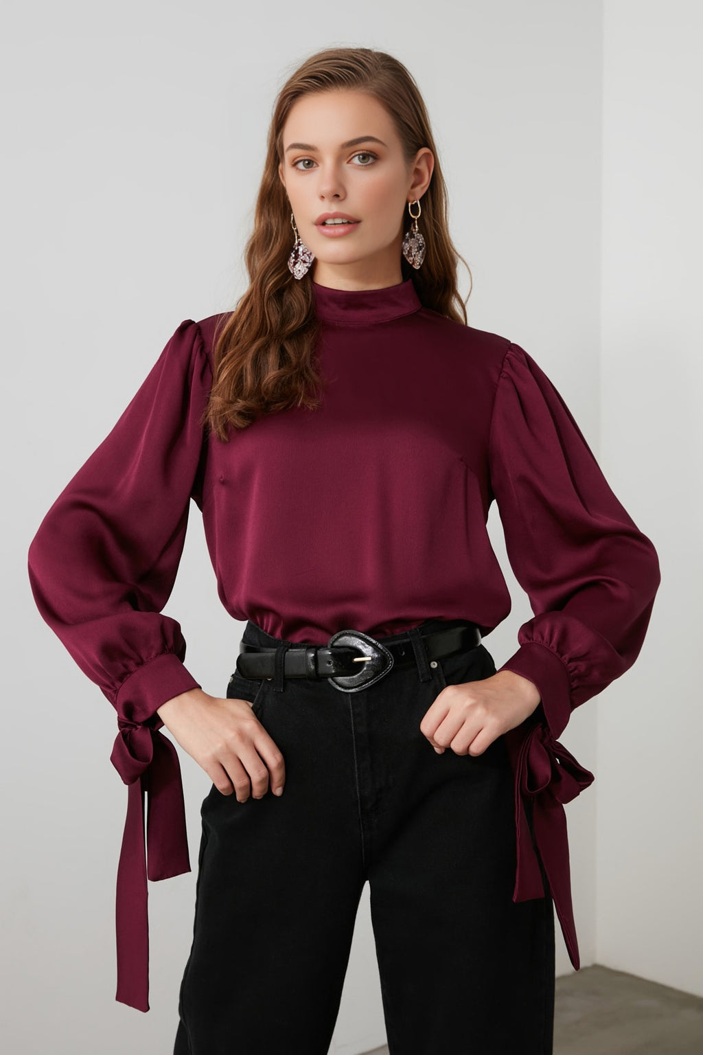 Satin Woven Blouse with Tie Detail