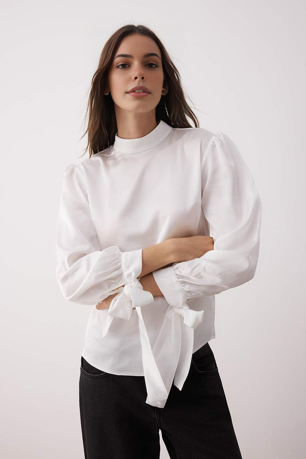 Satin Woven Blouse with Tie Detail