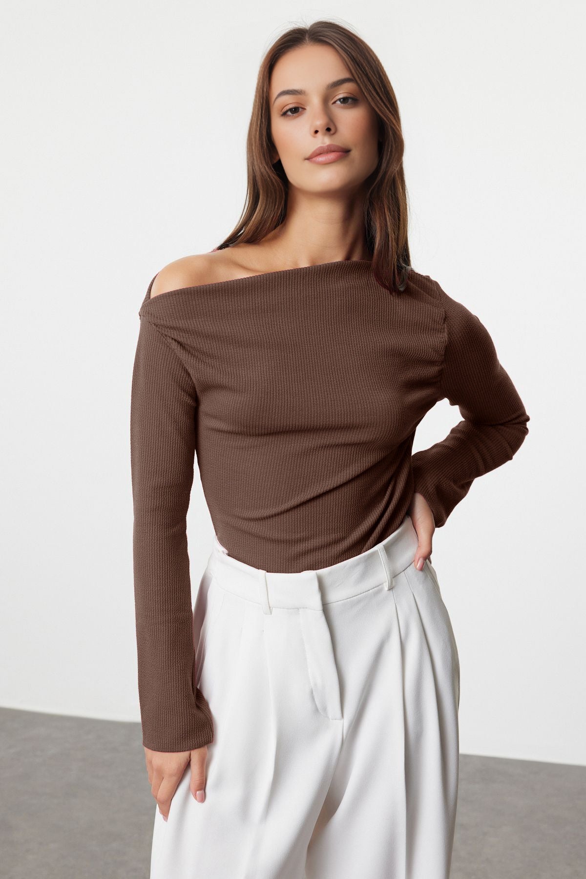 Draped Boat Neck Asymmetrical Long Sleeve Knit Blouse