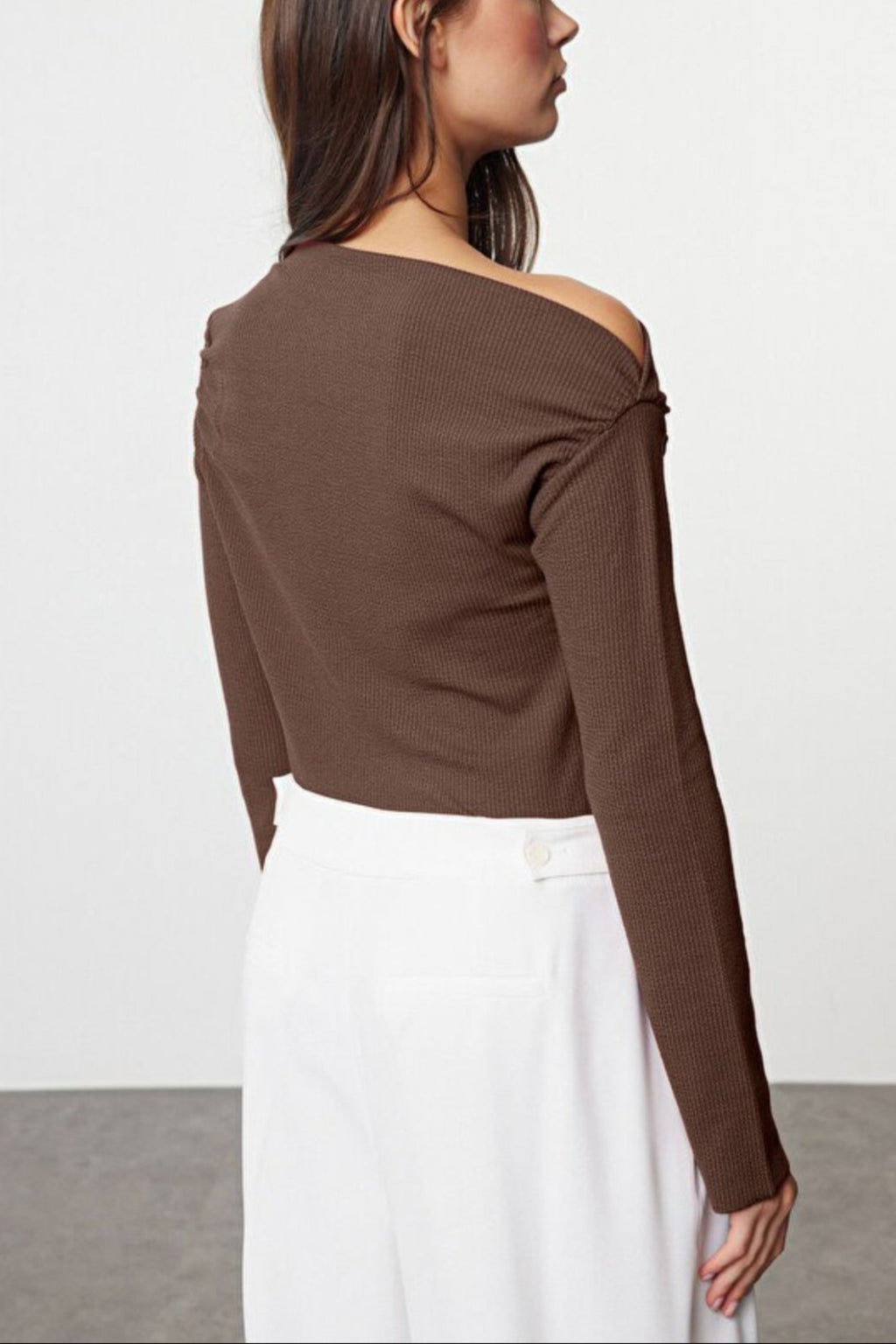 Draped Boat Neck Asymmetrical Long Sleeve Knit Blouse