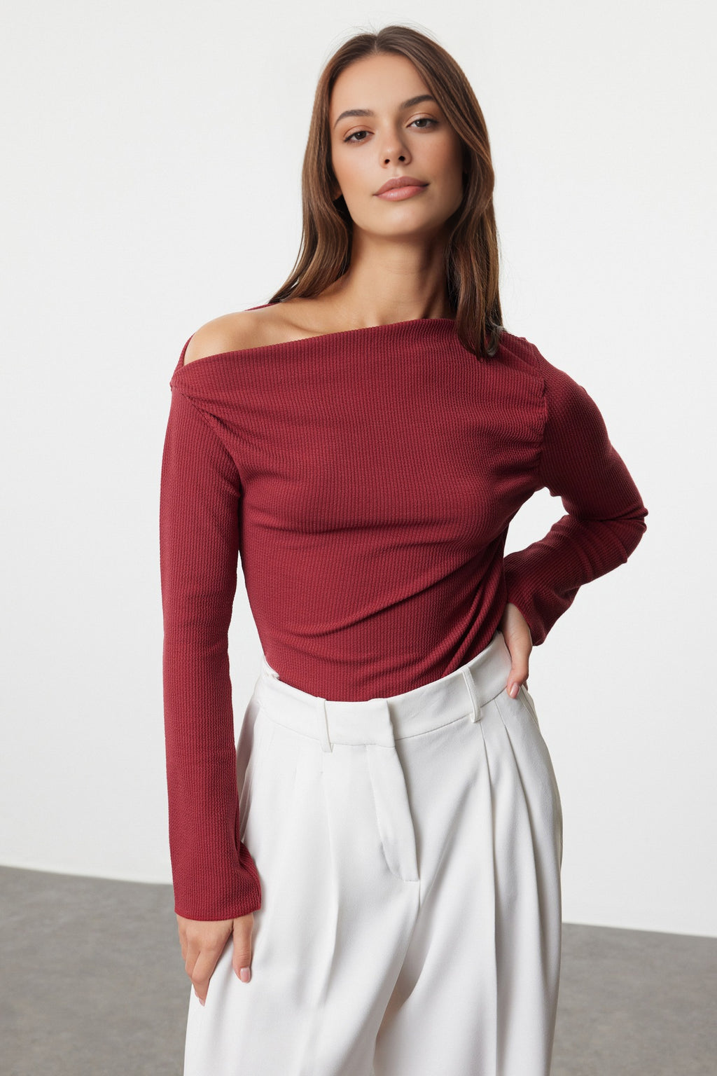 Draped Boat Neck Asymmetrical Long Sleeve Knit Blouse