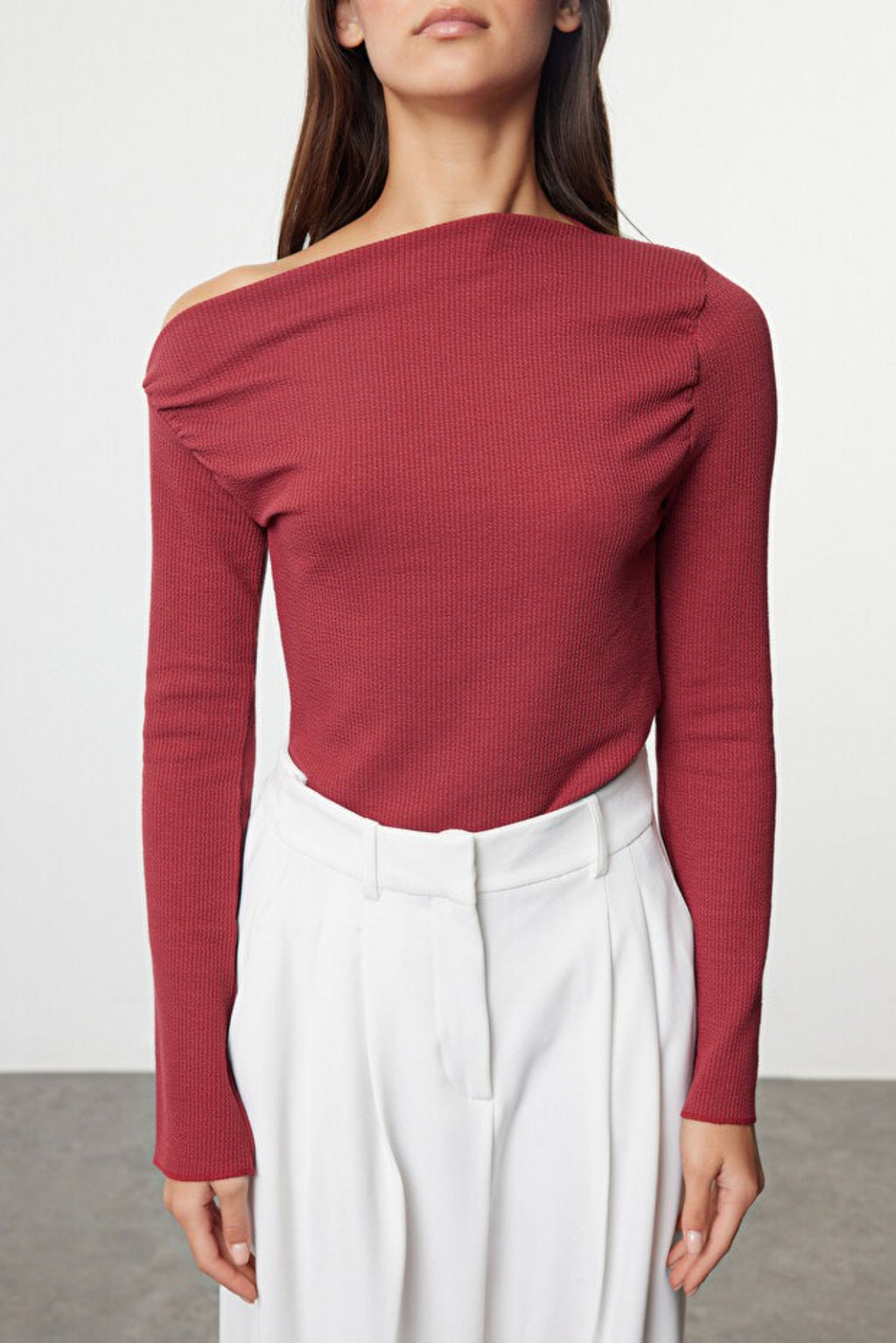 Draped Boat Neck Asymmetrical Long Sleeve Knit Blouse