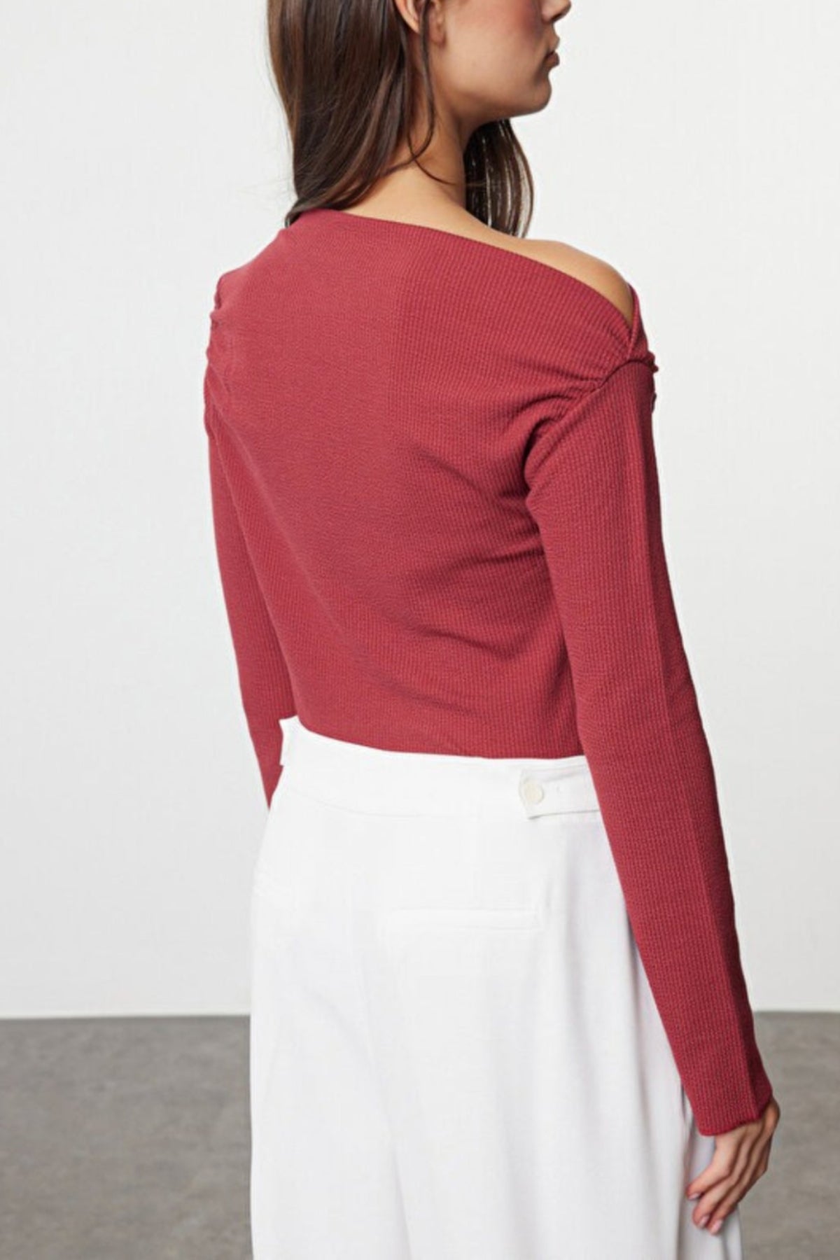 Draped Boat Neck Asymmetrical Long Sleeve Knit Blouse