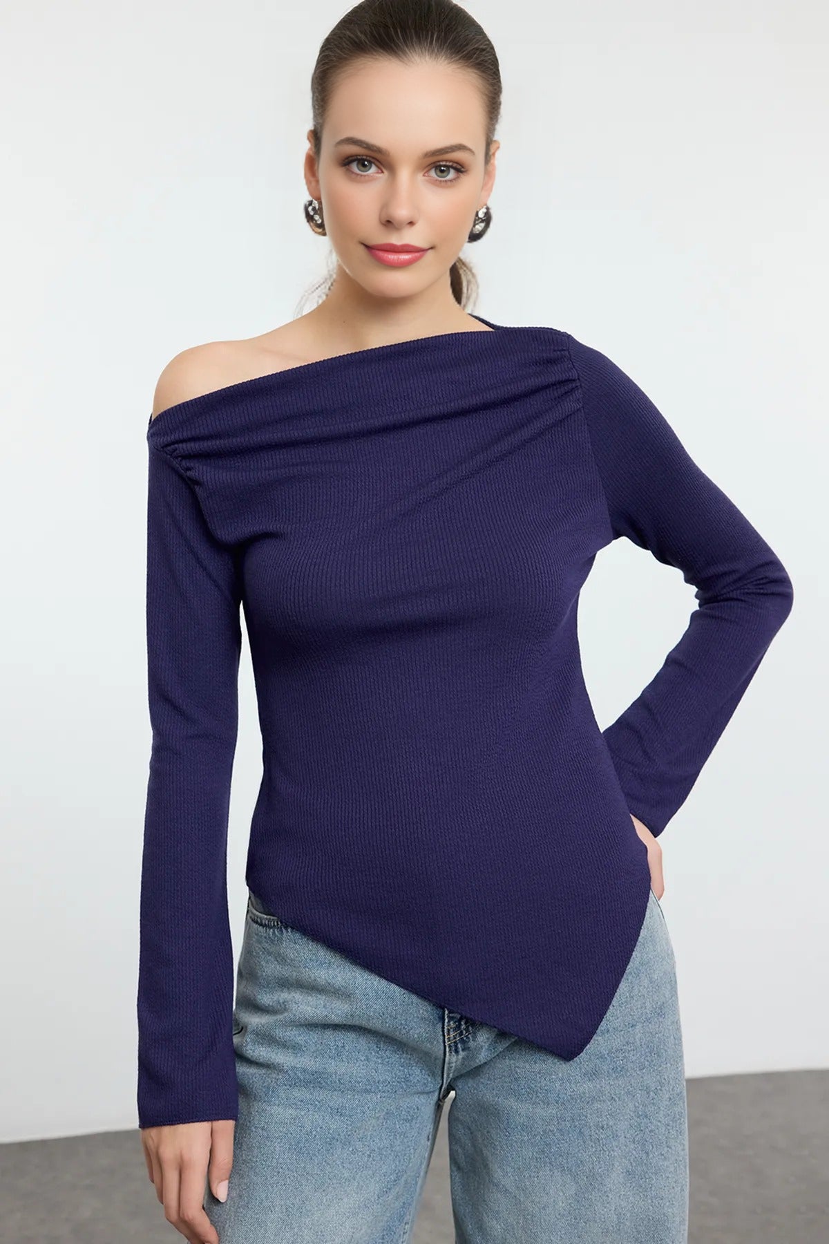 Draped Boat Neck Asymmetrical Long Sleeve Knit Blouse