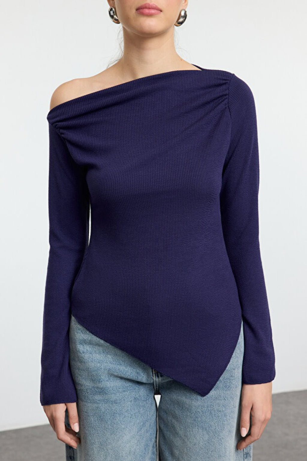 Draped Boat Neck Asymmetrical Long Sleeve Knit Blouse