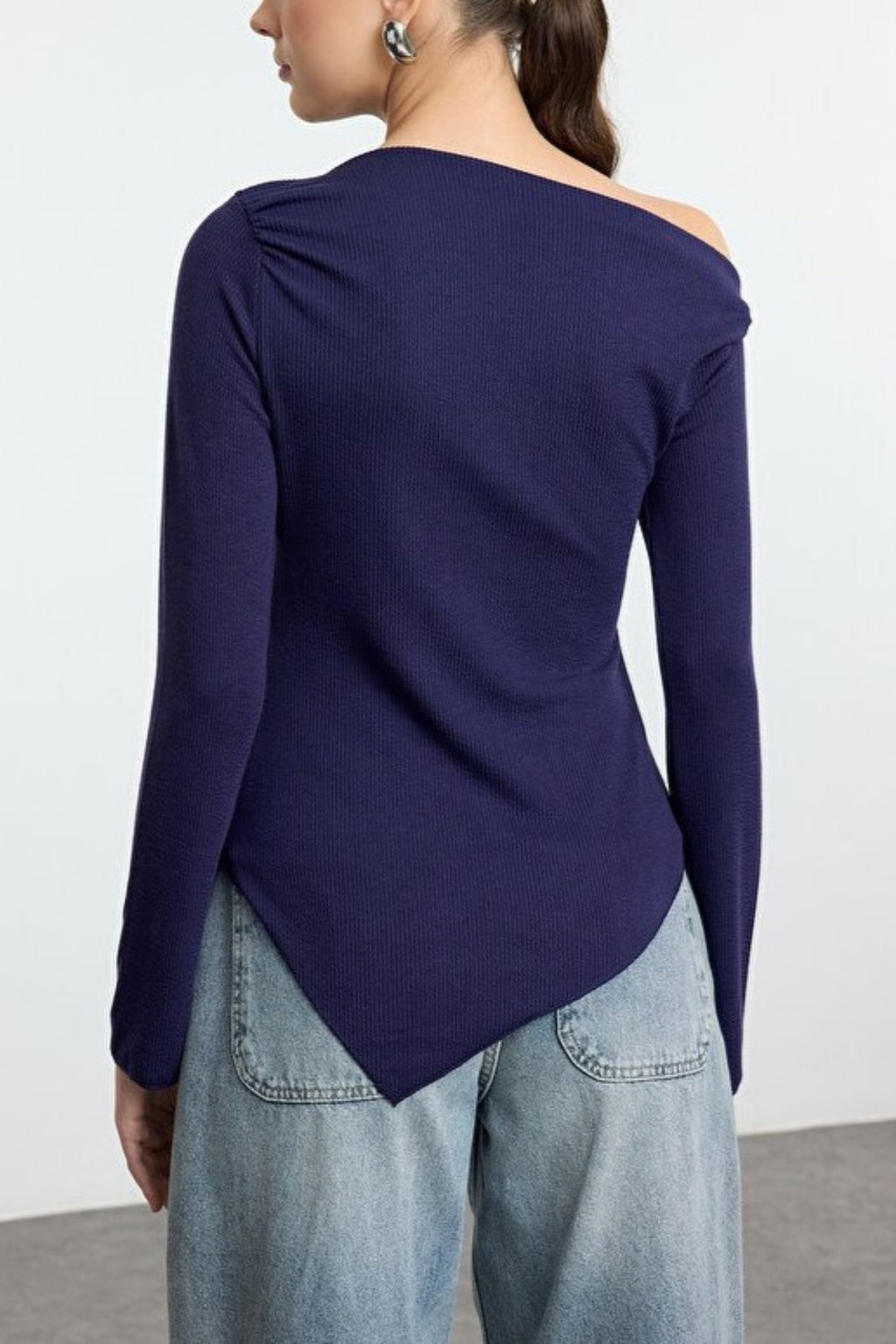 Draped Boat Neck Asymmetrical Long Sleeve Knit Blouse