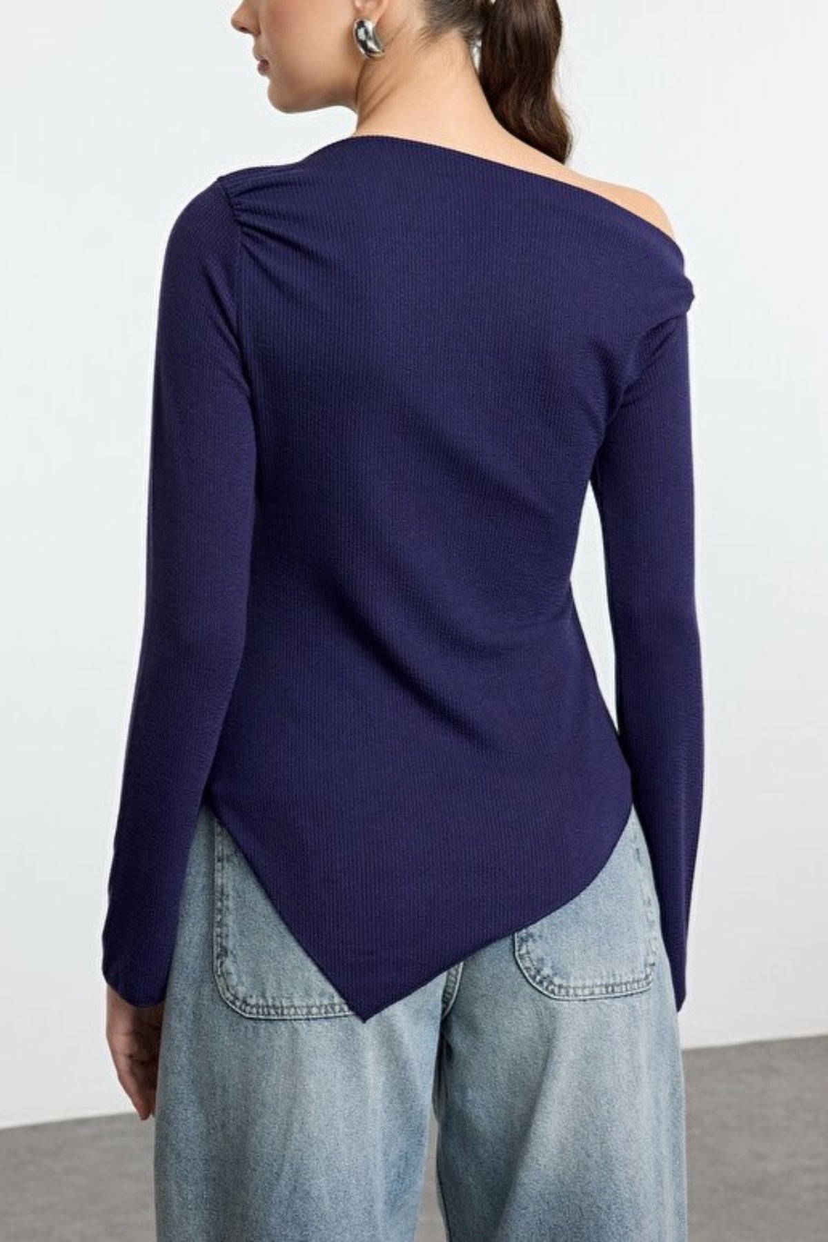Draped Boat Neck Asymmetrical Long Sleeve Knit Blouse