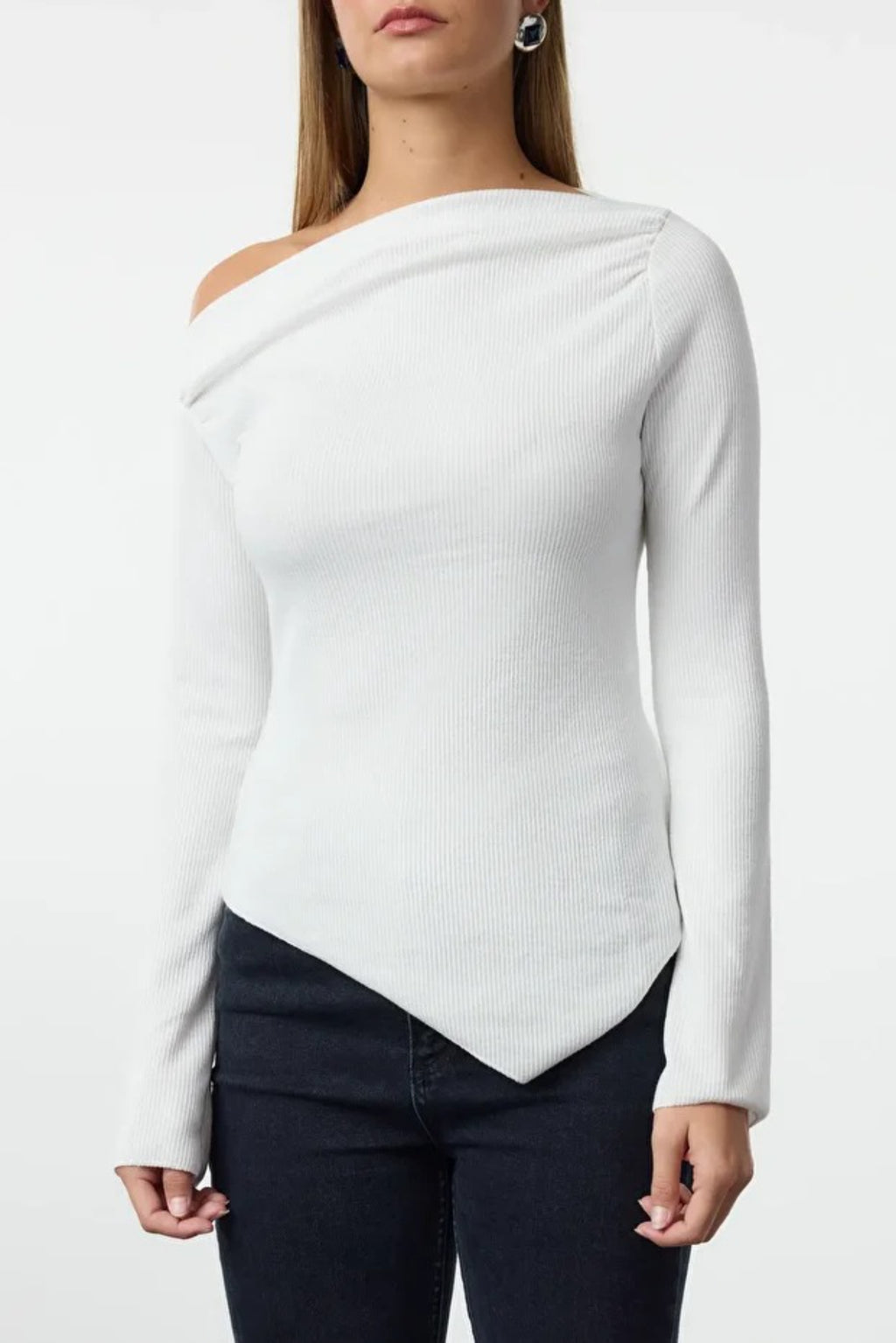Draped Boat Neck Asymmetrical Long Sleeve Knit Blouse