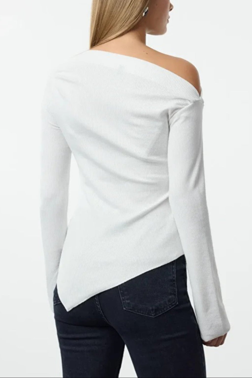 Draped Boat Neck Asymmetrical Long Sleeve Knit Blouse