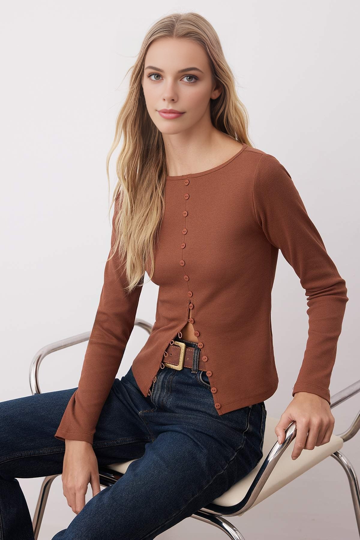 Crew Neck Knit Blouse with Button Detail