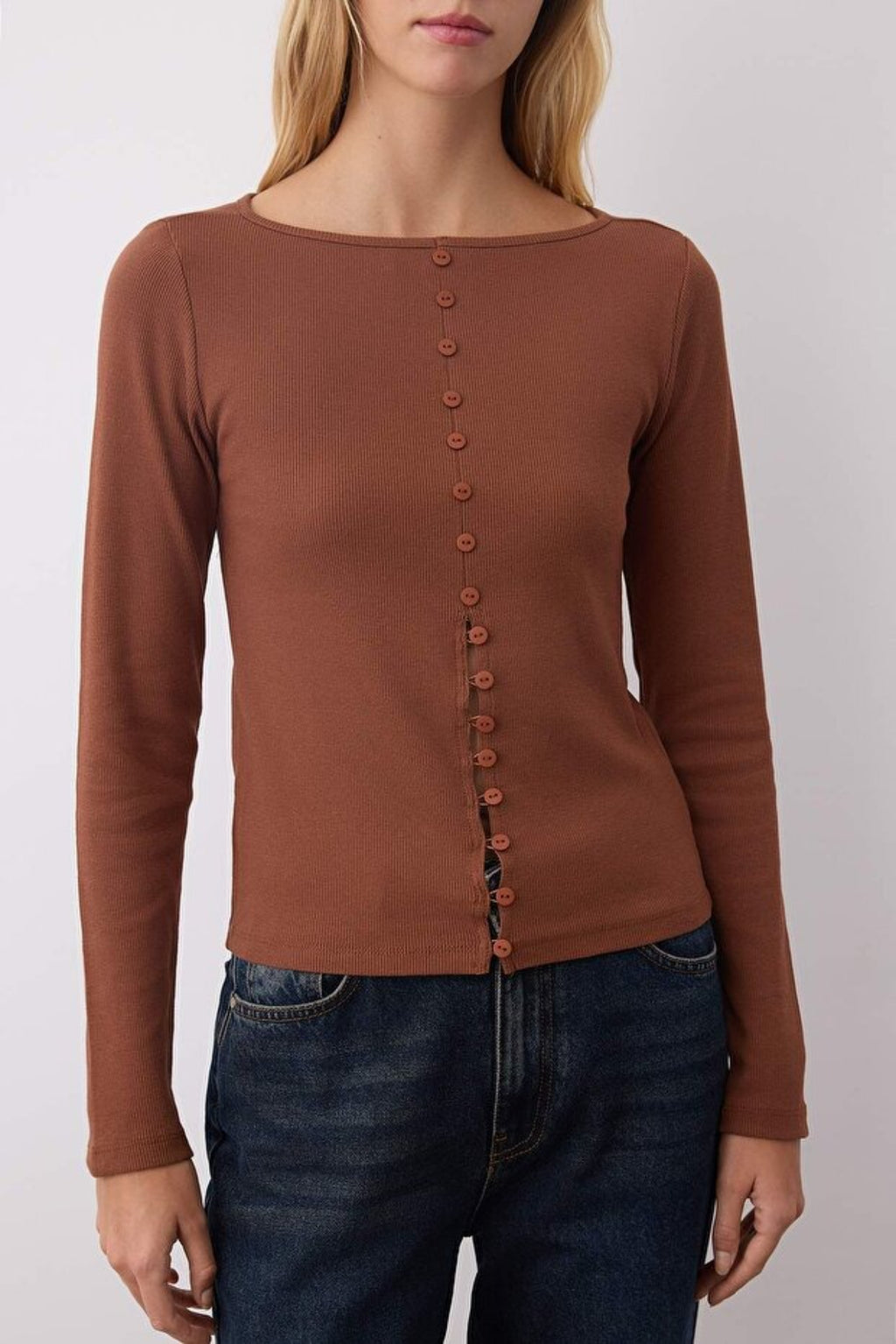 Crew Neck Knit Blouse with Button Detail
