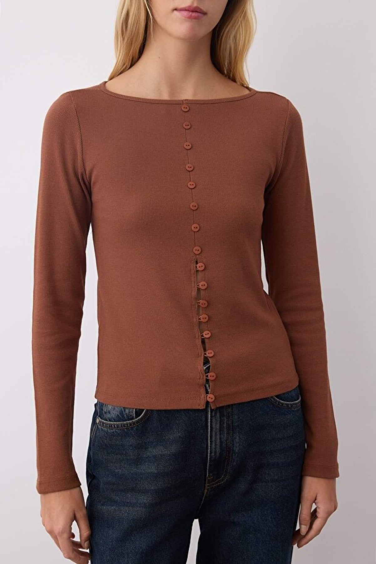 Crew Neck Knit Blouse with Button Detail