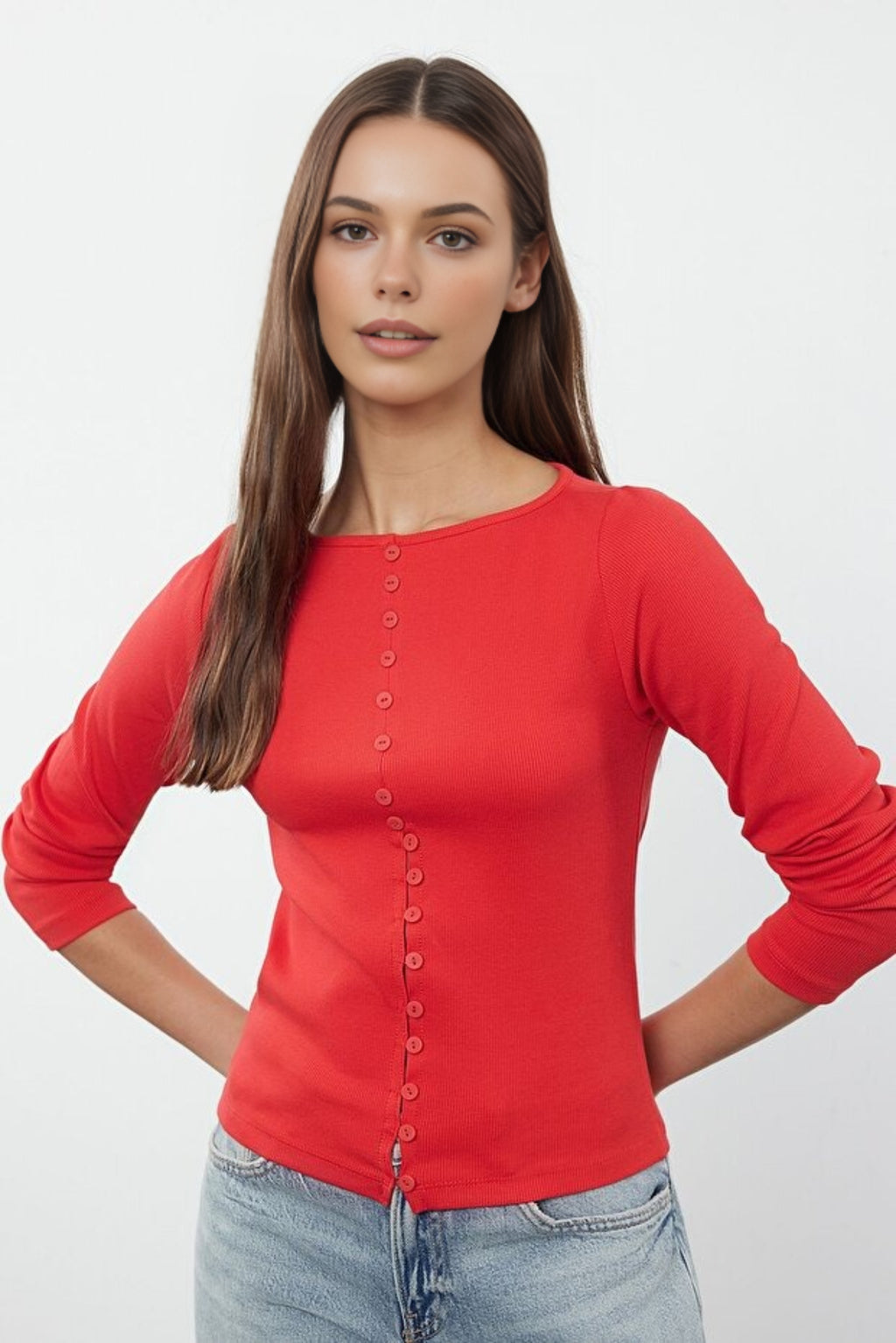 Crew Neck Knit Blouse with Button Detail