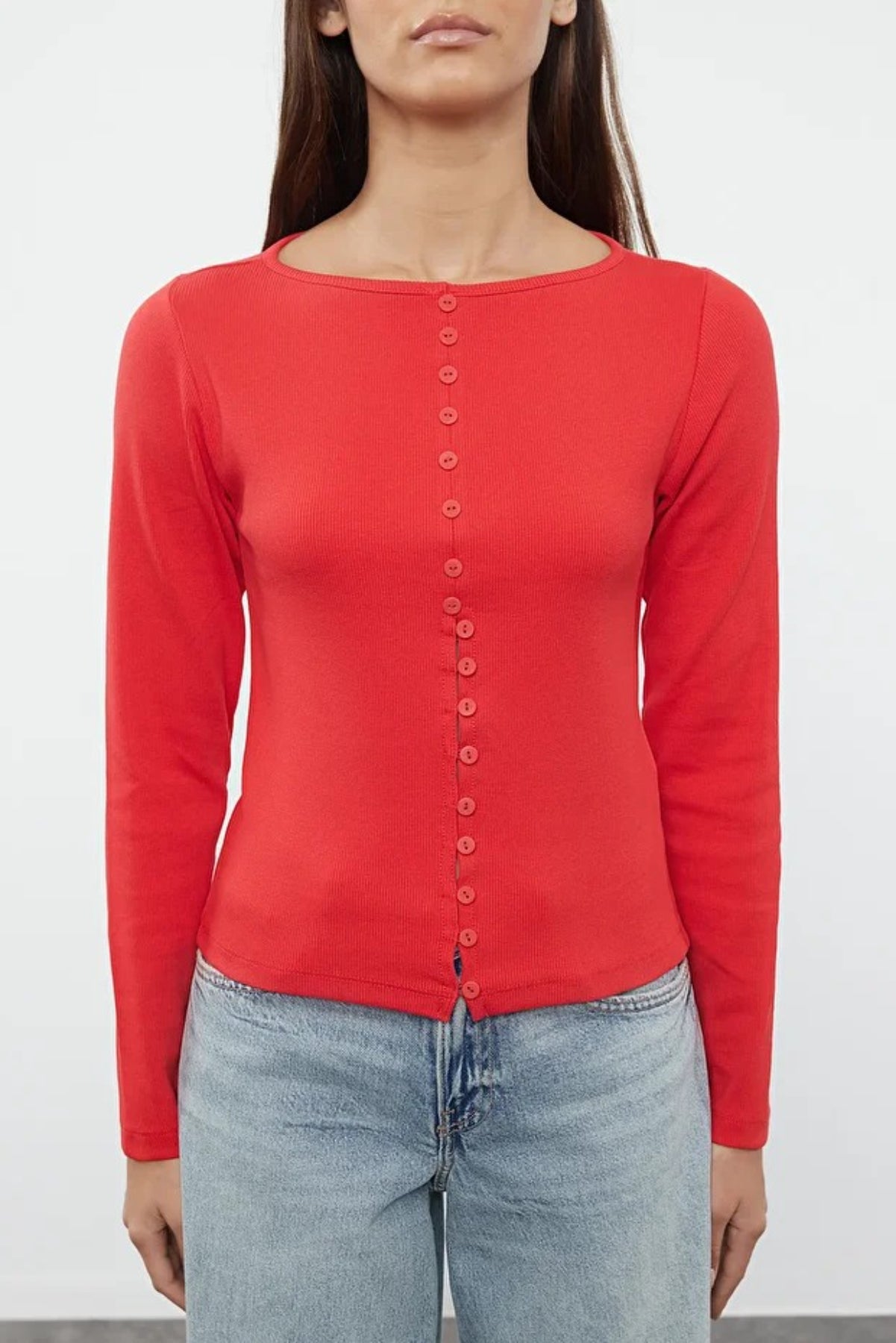 Crew Neck Knit Blouse with Button Detail