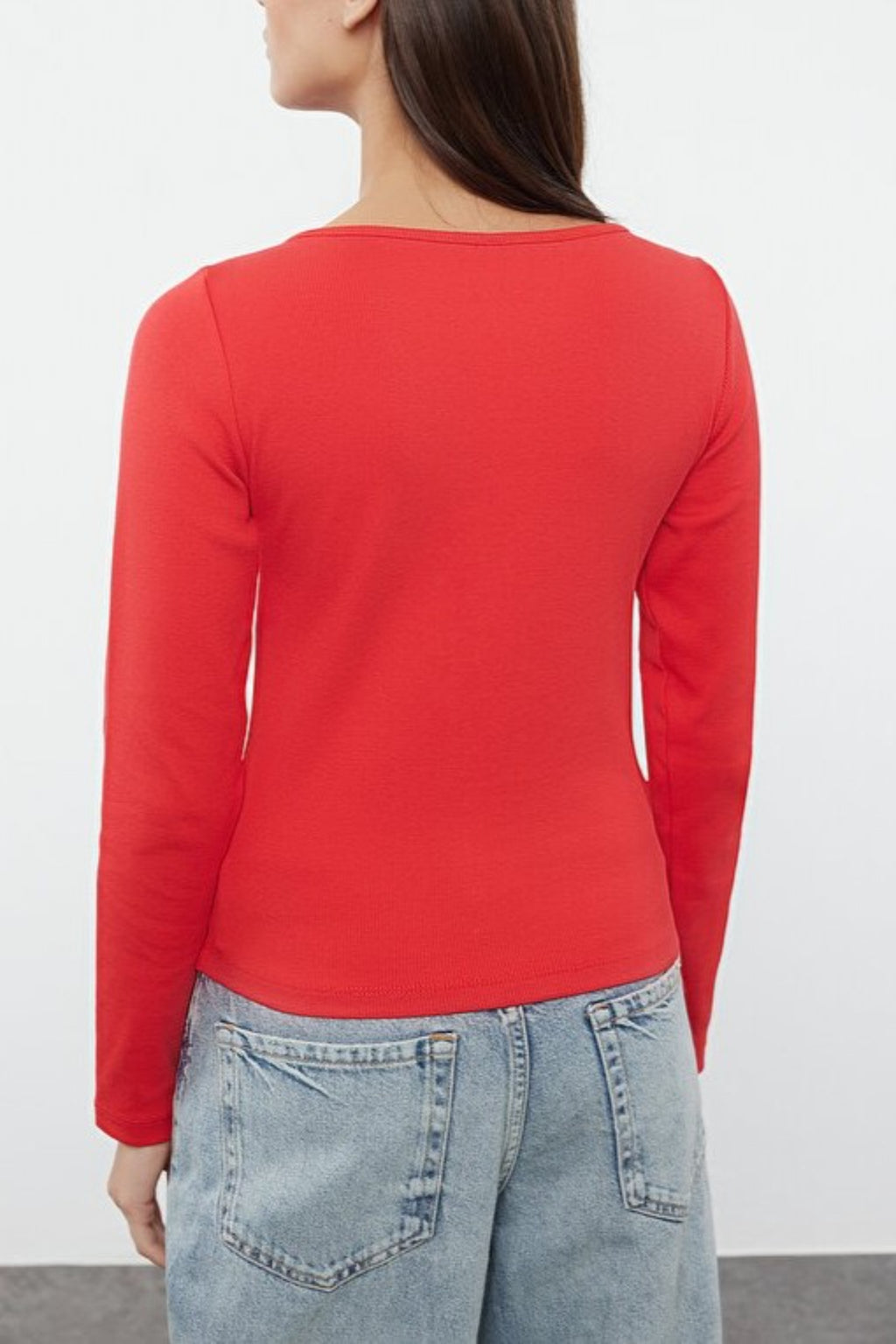 Crew Neck Knit Blouse with Button Detail