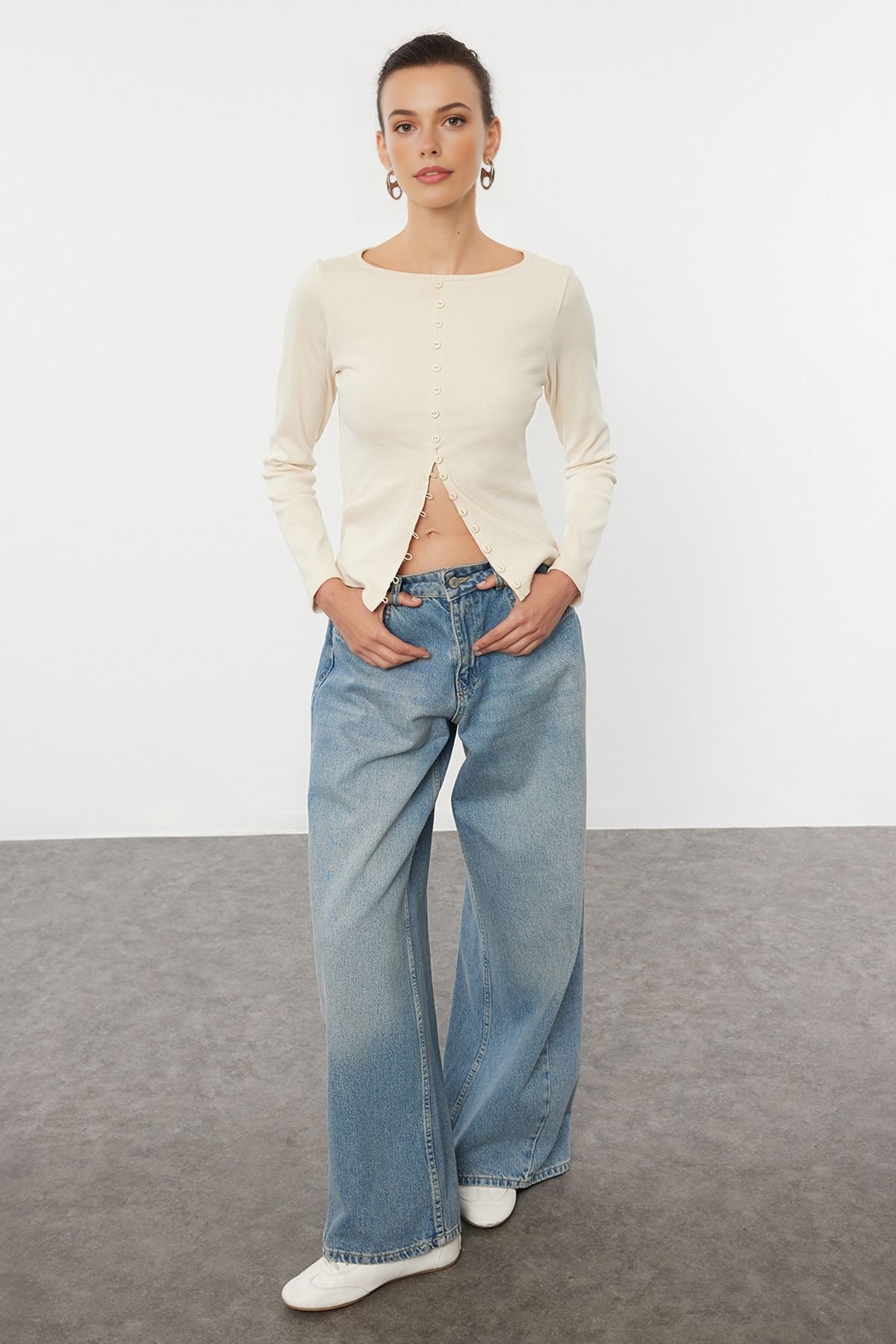 Crew Neck Knit Blouse with Button Detail