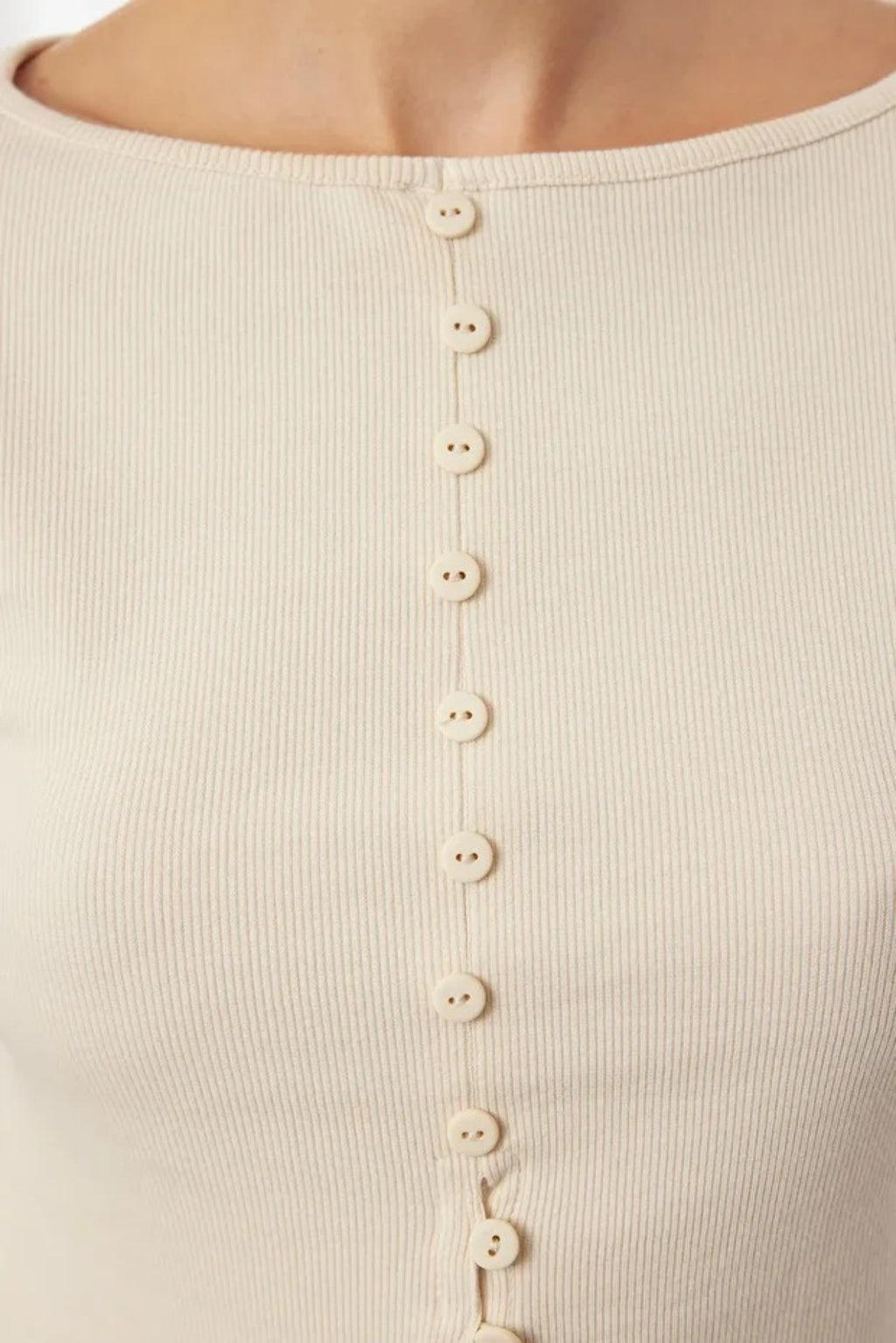 Crew Neck Knit Blouse with Button Detail