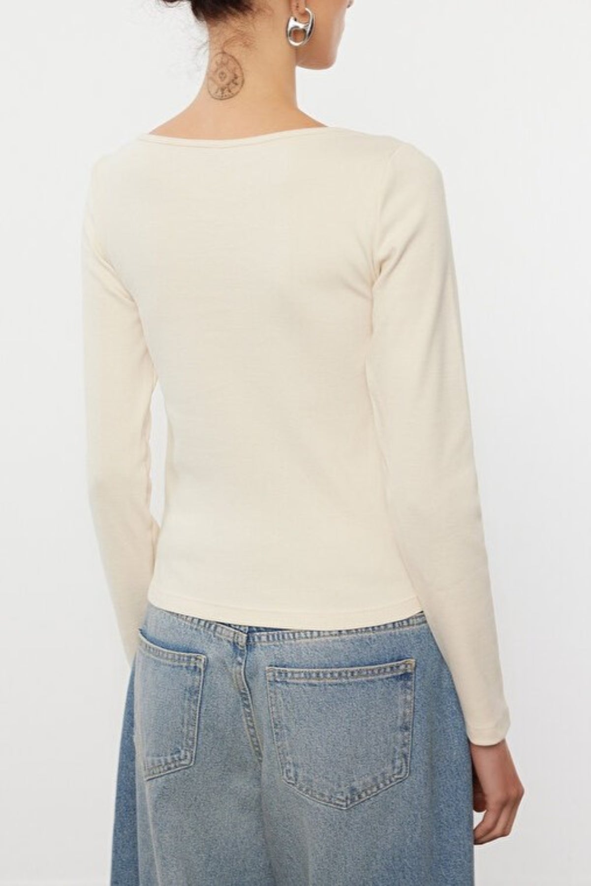 Crew Neck Knit Blouse with Button Detail