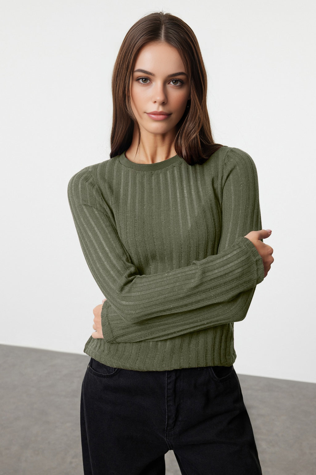 Transparent Crew Neck Knit Blouse