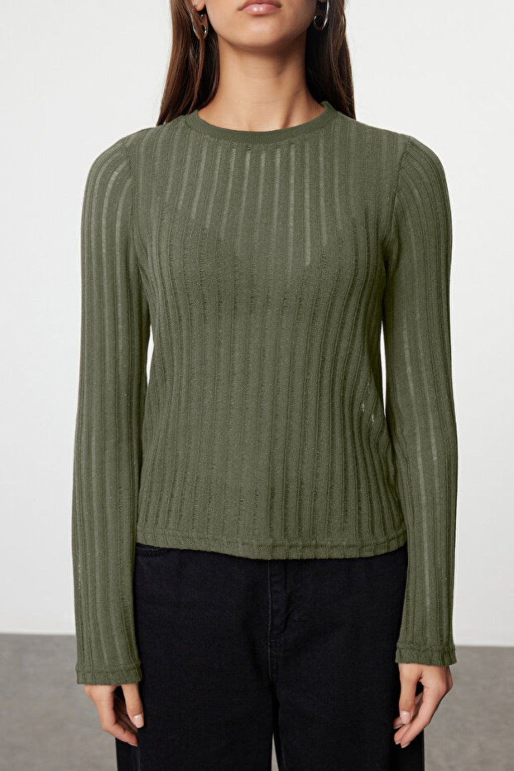 Transparent Crew Neck Knit Blouse